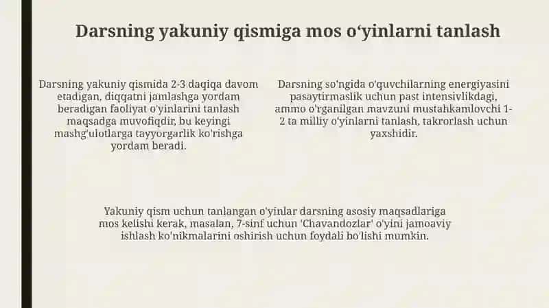 Milliy va harakatli oʻyinlarni darsini yakuniy qismiga mos holda tanlash va tahlil qilish 4