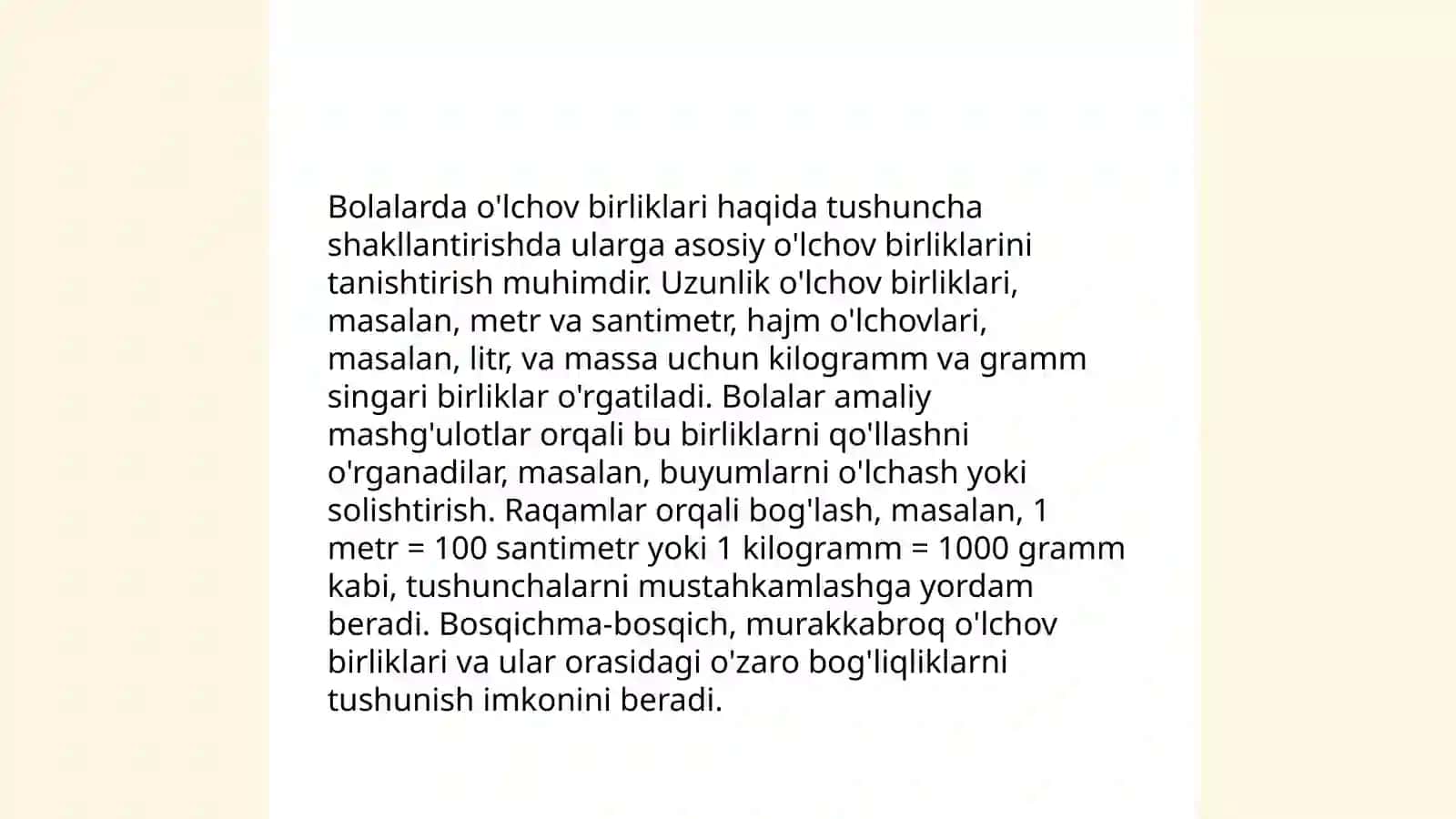 Bolalarda shartli o'lchov yordamida turli o'lchamlarni o'chash haqidagi tasavvurlarni shaklantirish 4