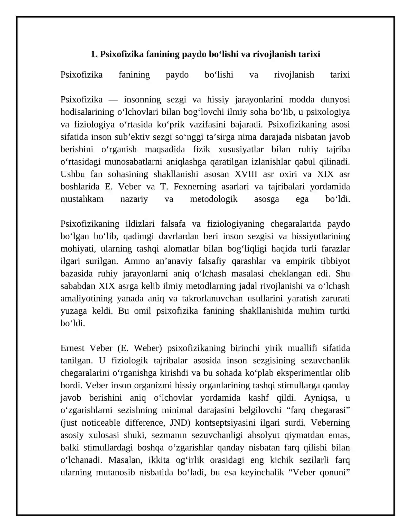 Psixofizika fanini shakllanishida E.Veber va T. Fexner tadqiqotlarining oʻrni 4