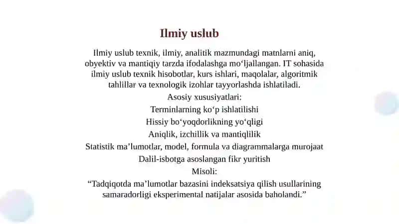 Nutq uslublari (publitsistik, ilmiy uslub va rasmiy – idoraviy uslublar). Annotatsiya. Annotatsiya turlari. Annotatsiya uchun leksik va grammatik klishelari 4