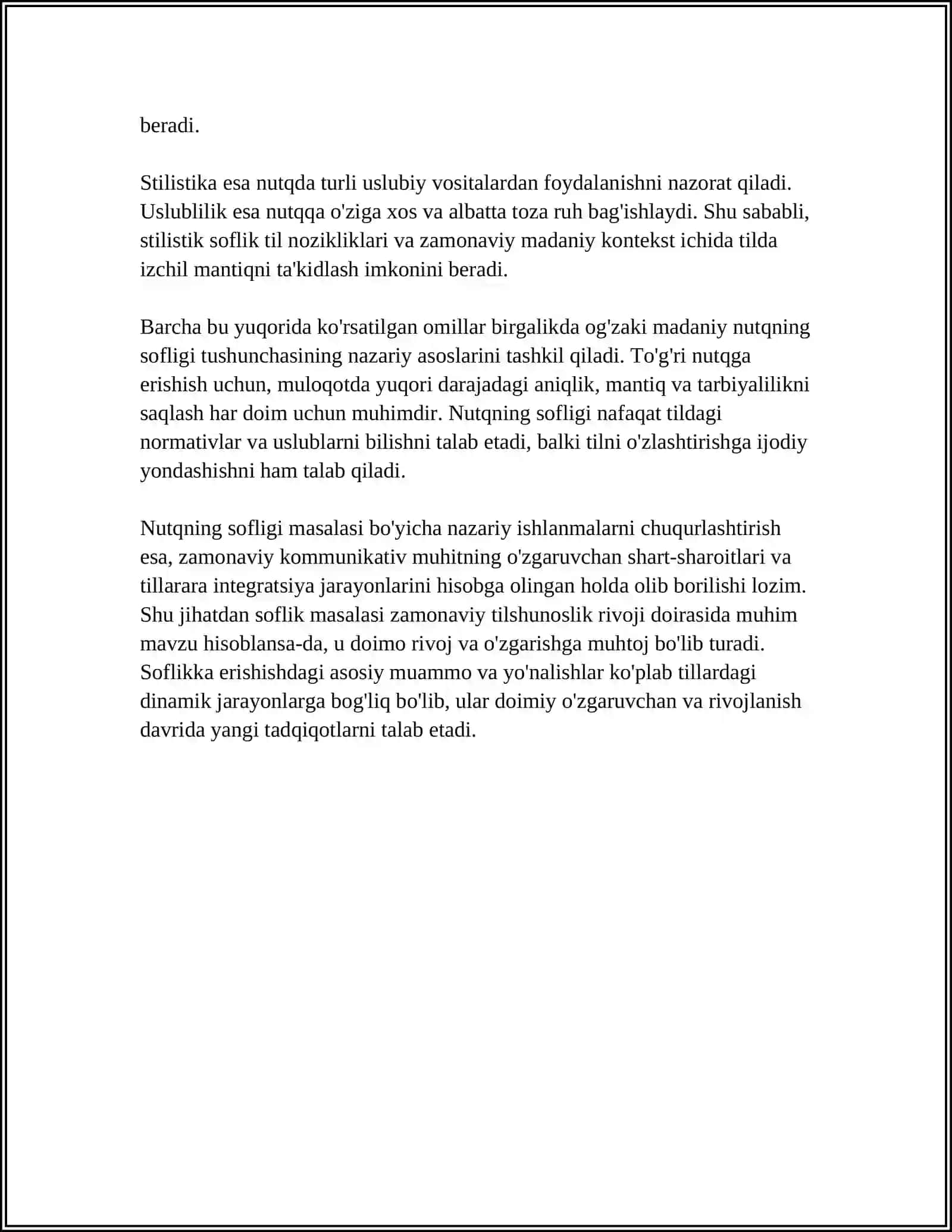 OG'ZAKI MADANIY NUTQNING ASOSIY KAMMUNIKATIV SIFATLARI:NUTQNING SOFLIGI, BOYLIGI, IFODALILIGA VOQEALANISHI TAHLILI 4