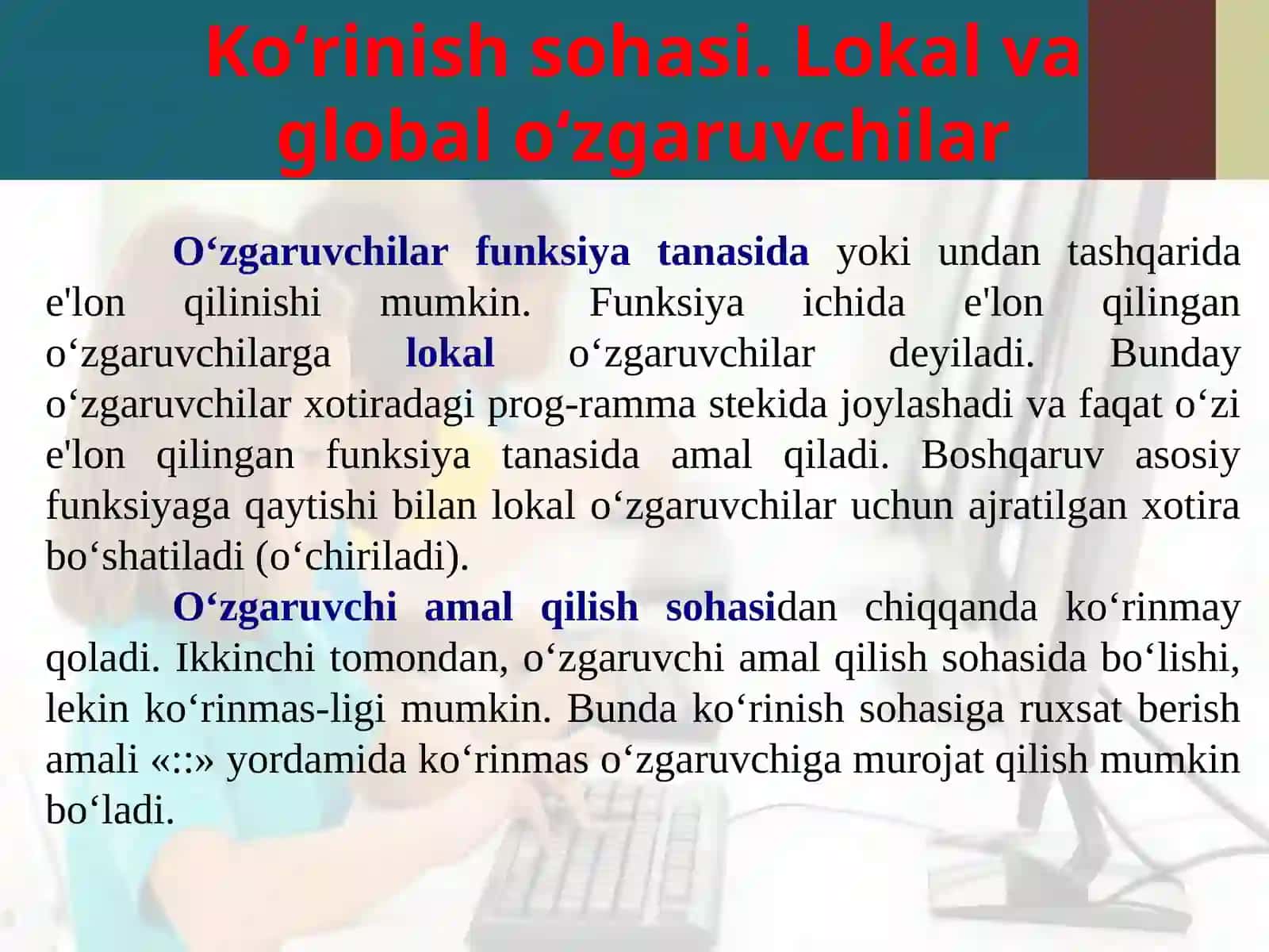 Funksiyalarda argument sifatida local, global o’zgaruvchilardan va havolalardan foydalanish 4
