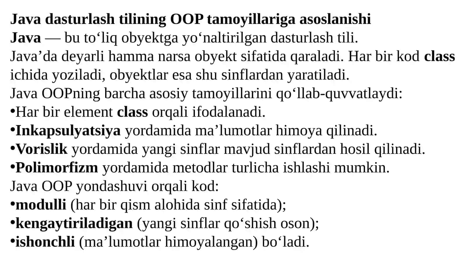 Java: Obyektga yo‘naltirilgan dasturlash asoslari: Vorislik, Polimorfizm, Inkapsulyatsiya 4