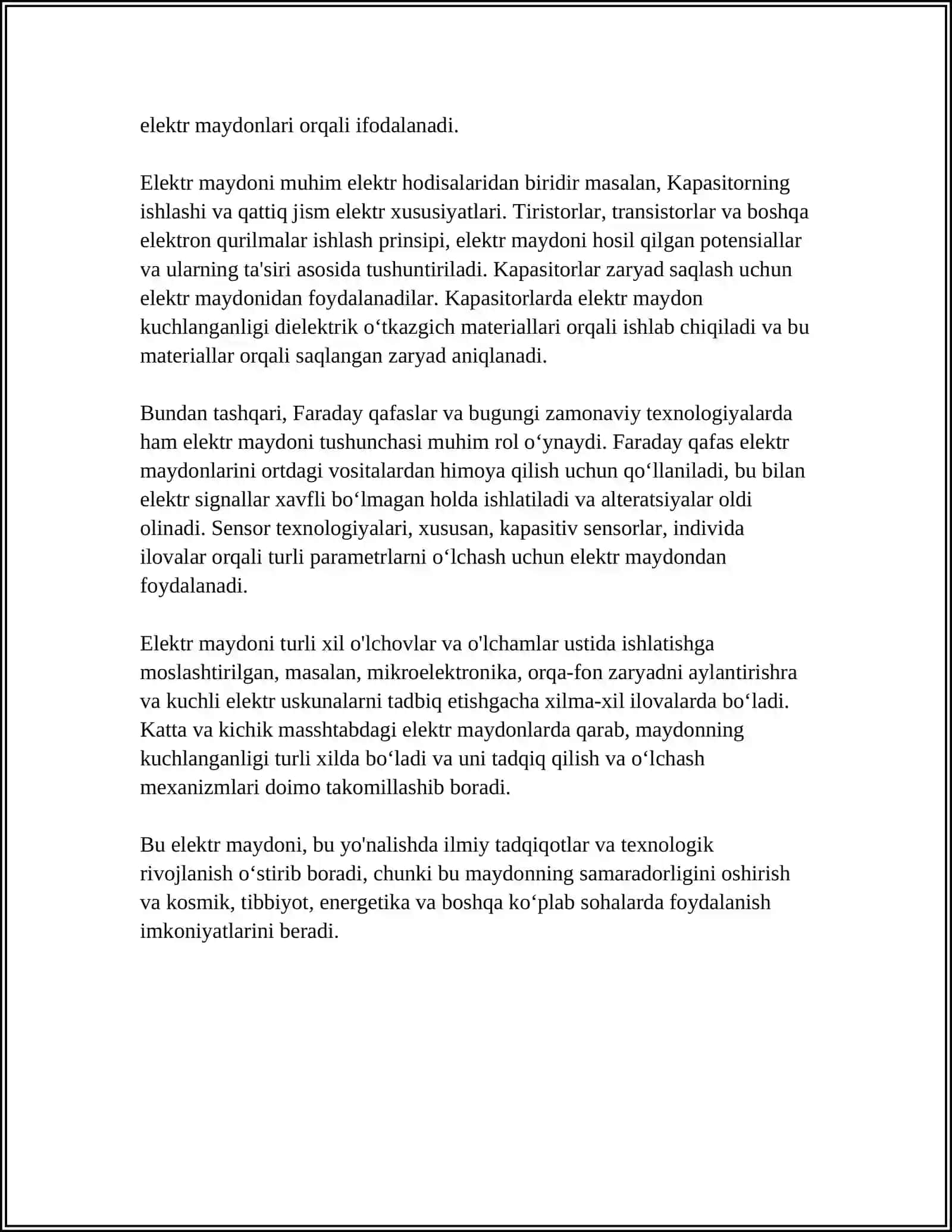 ELEKTR MAYDONI, UNING ASOSIY XARAKTERISTIKALARI VA O‘LCHOV BIRLIKLARI. MODDALARNING ELEKTR XOSSALARI 4