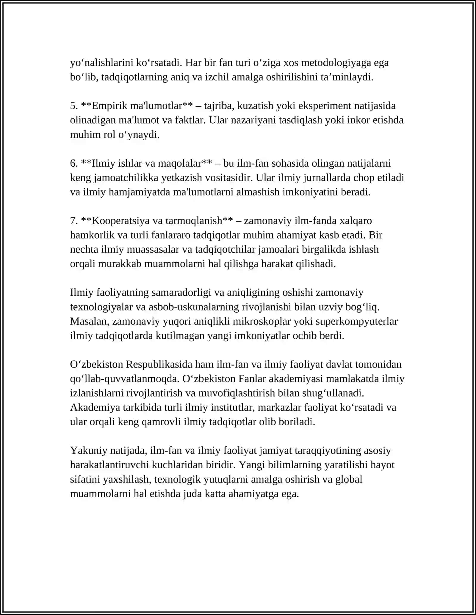 MUSTAQIL ISH Mavzu: OʻZBEKISTON RESPUBLIKASINING "ILM-FAN VA ILMIY FAOLIYAT TOʻGʻRISIDA"GI QONUNI 4