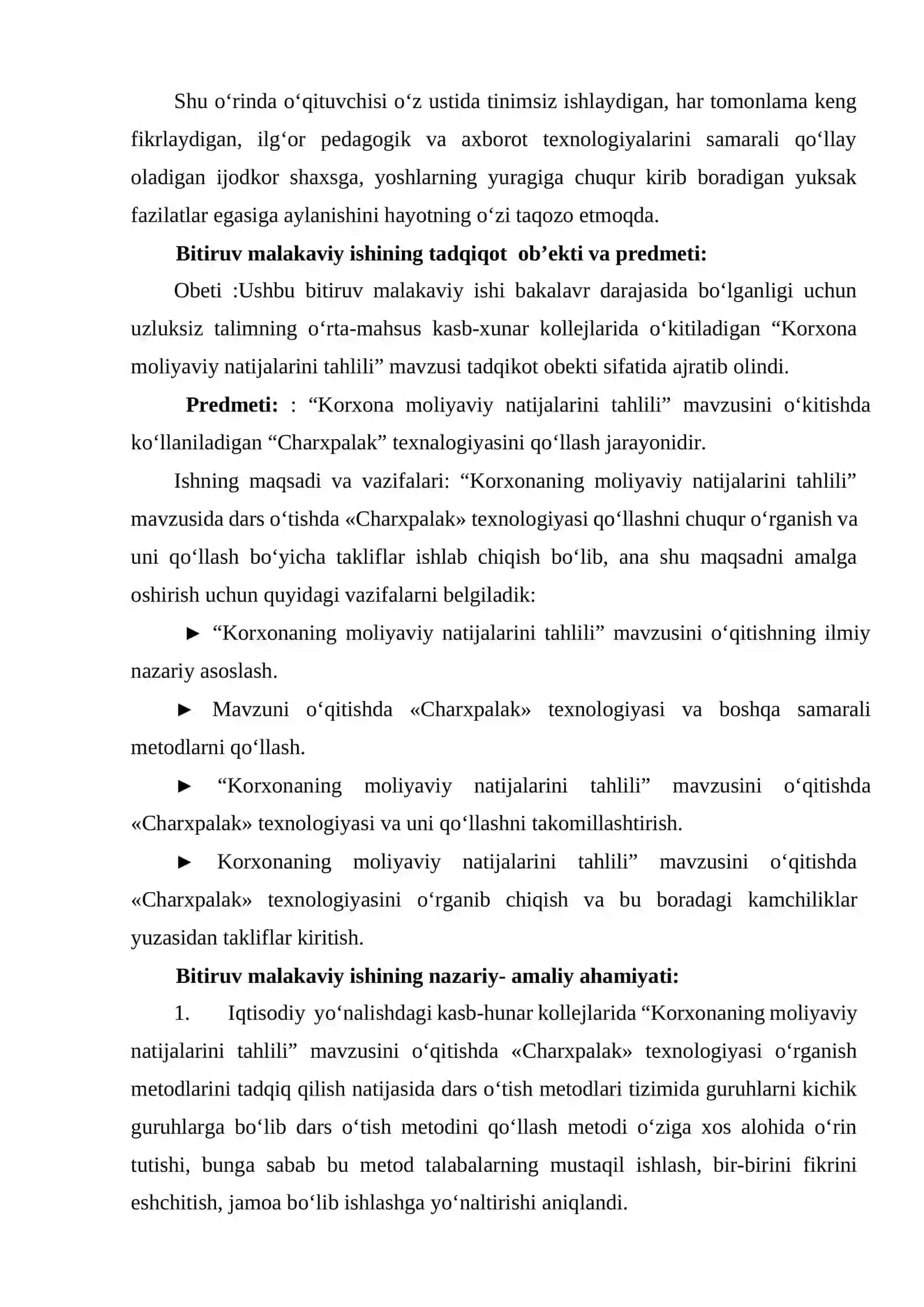 «Korxonalarning moliyaviy natijalari tahlili» mavzusini o’tishda «Charxpalak» texnologiyasini qo’llash 4
