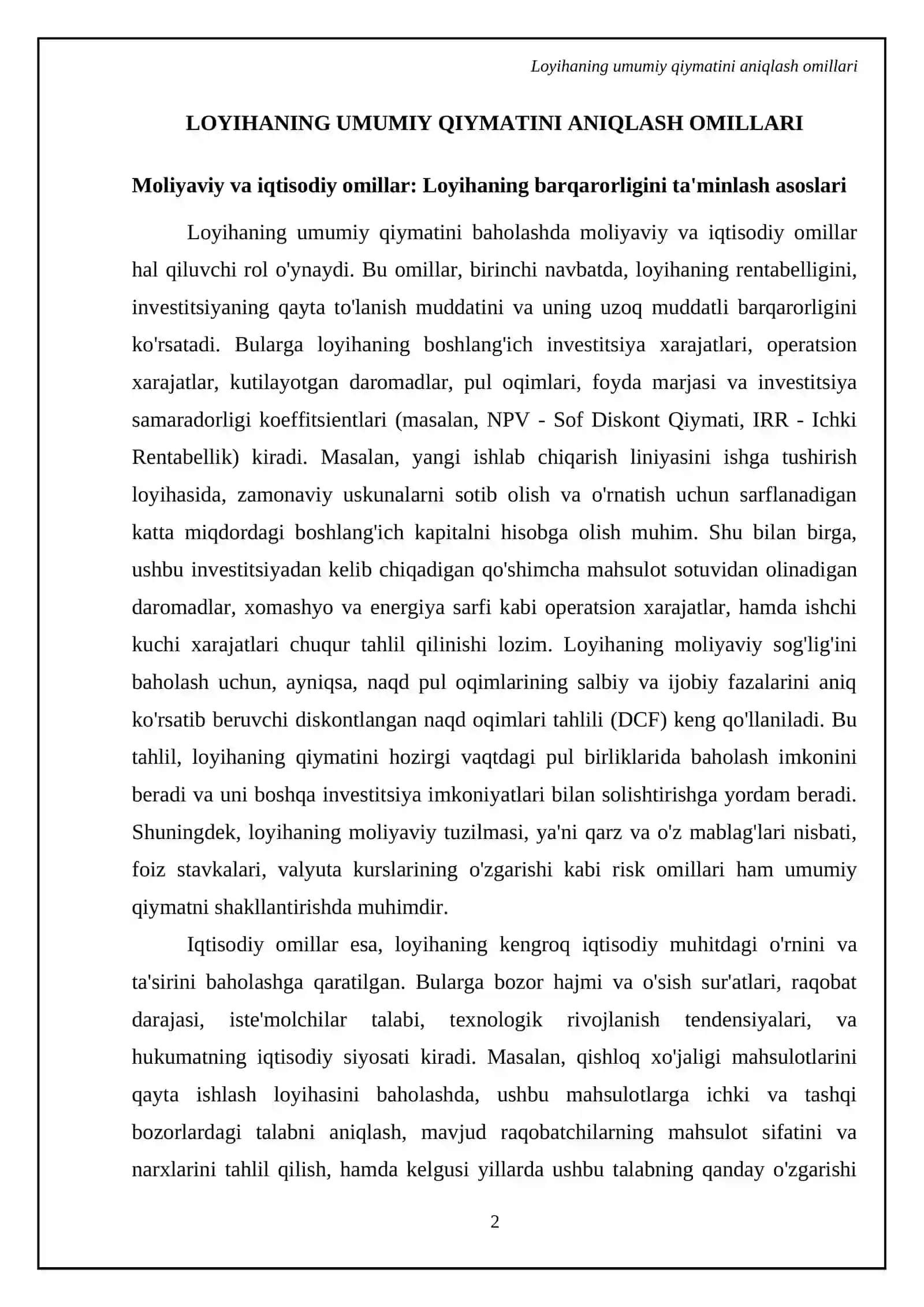 Loyihaning umumiy qiymati, uni shakllantirish va baholash 4