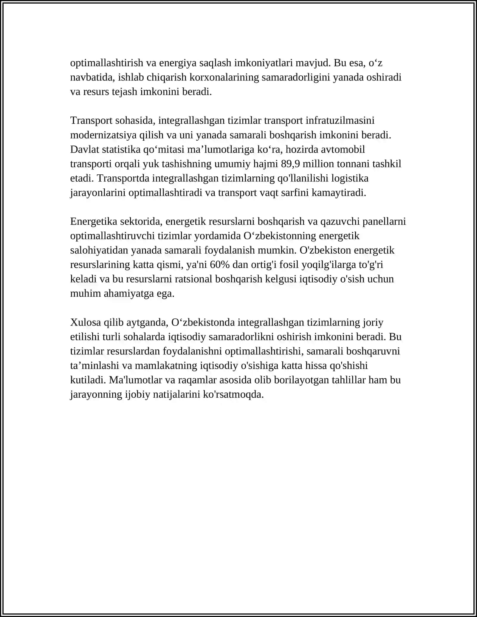 O'ZBEKISTONDA O'ZARO INTEGRALLASHGANDAN TIZIMLARNING IQTISODIY SAMARADORLIGI 4