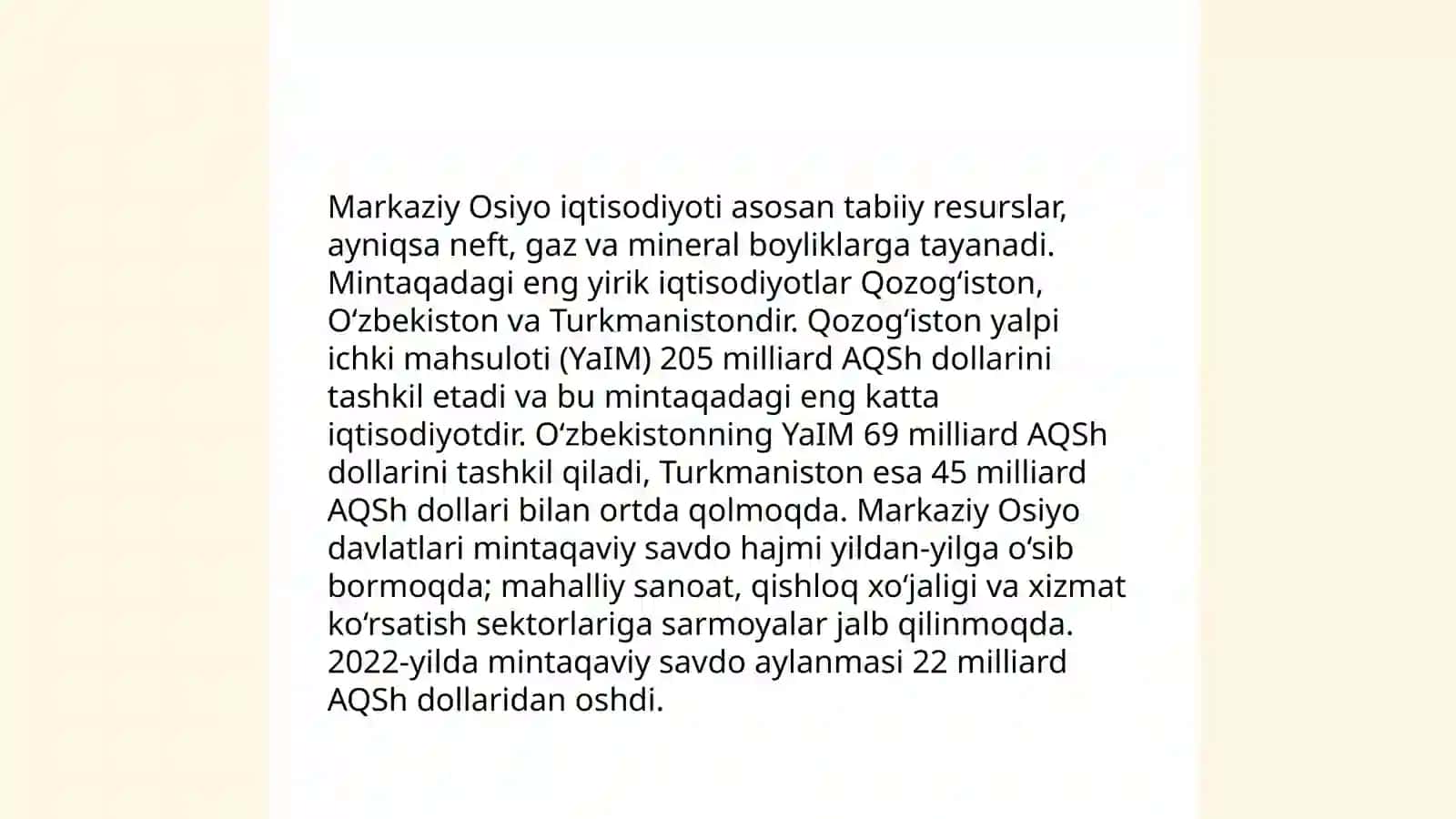 Markaziy Osiyo davlatlari boʻlinishi va Andijon.Namangan va Fargʻona iqtisodiy rayoni haqida glossary tuzish 4