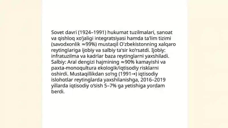 O'zbekistonning xalqaro reytinglardagi ko'rsatkichini ko'tarishning tarixiy va siyosiy ahamiyati 4