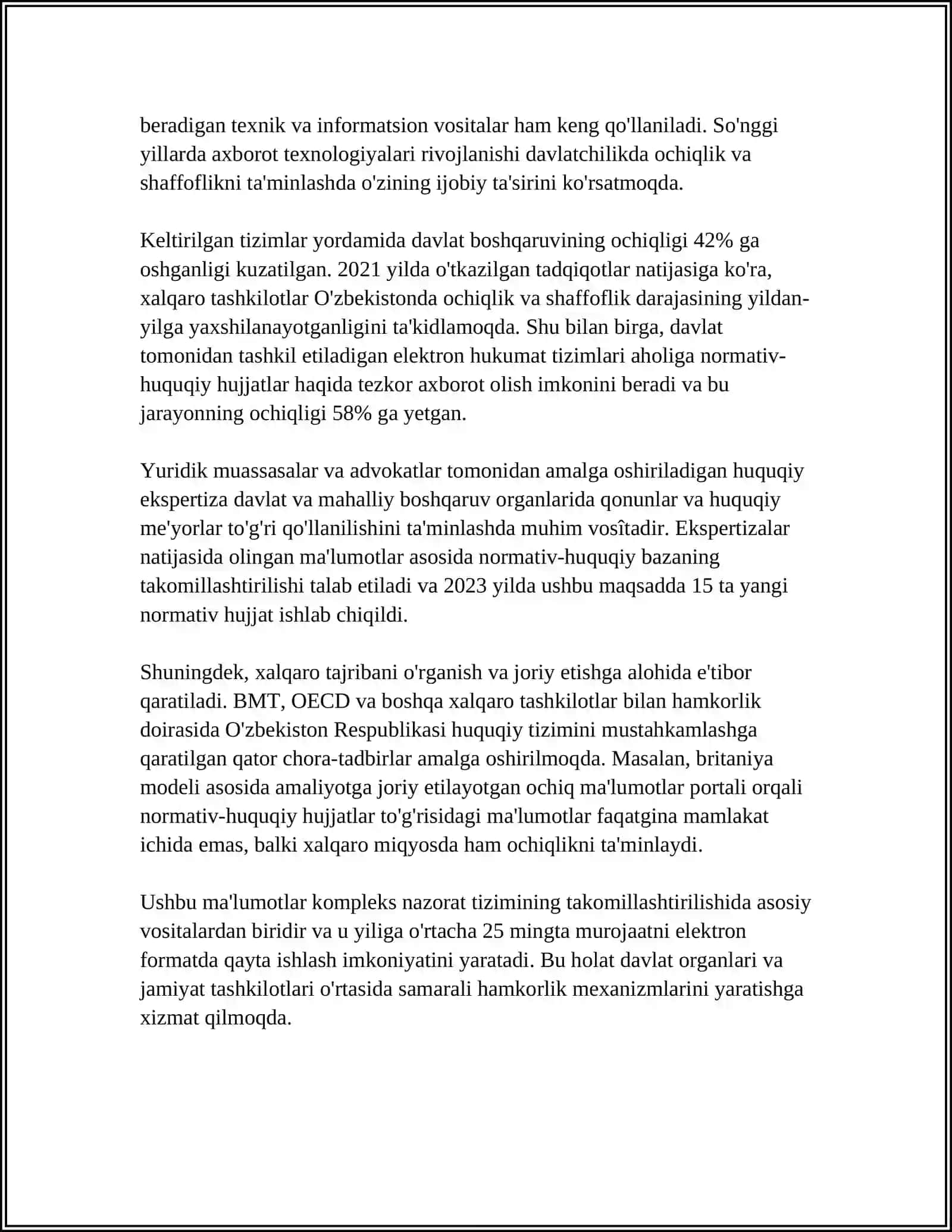 O’ZBEKISTON RESPUBLIKASINING IJRO ETUVCHI HOKIMIYATI (VAZIRLIKLAR VA BOSHQA BOSHQARUV ORGANLARI) TOMONIDAN QABUL QILINADIGANMAʼMURIY QARORLAR USTIDAN NAZORAT MEXANIZMLARINI O’RGANING 4