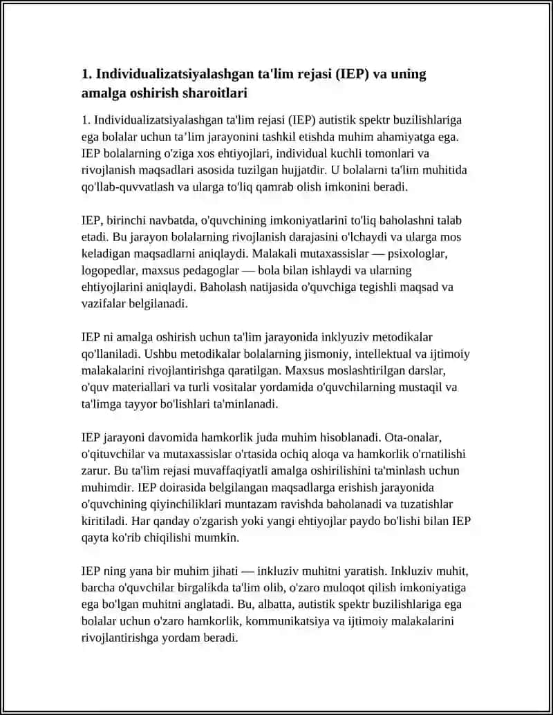 AUTISTIK SPEKTR BUZILISHLARIGA EGA BOLALAR UCHUN INKLYUZIV STRATEGIYALARI VA ULARNI AMALGA OSHIRISH SHART SHAROITLARI 4
