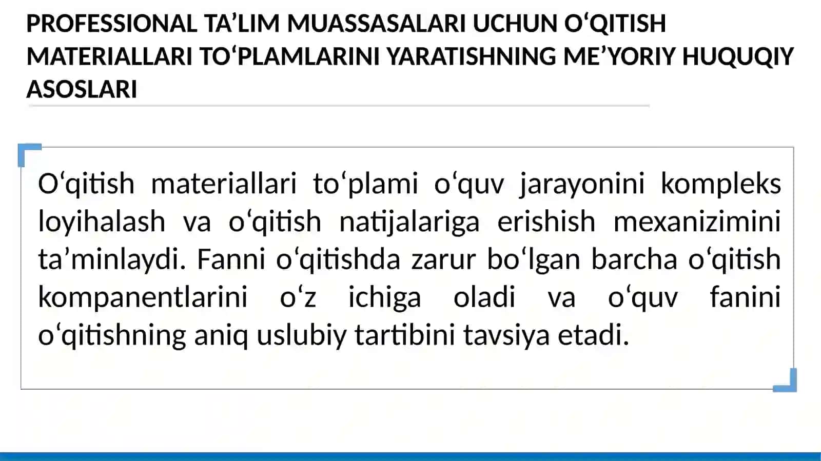 O‘qitish materiallari tarkibiga kiradigan me’yoriy hujjatlarni o‘rganish va taqvim mavzular rejasini ishlab chiqish 4