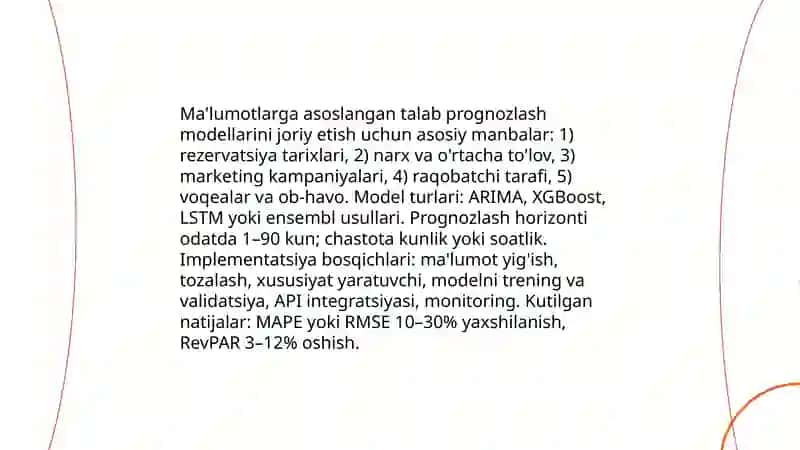 Mehmonxona daromadlarini boshqarishda sun'iy intellekt va avtomatlashtirilgan tizimlardan foydalanish imkoniyatlarini baholang. 4