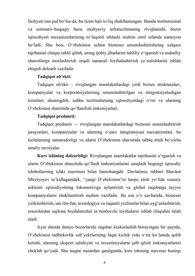 Rivojlangan mamlakatlarda biznesni umumlashtirish tajribasi va undan Oʻzbekistonda samarali loyihalashtirish yoʻnalishlari 4