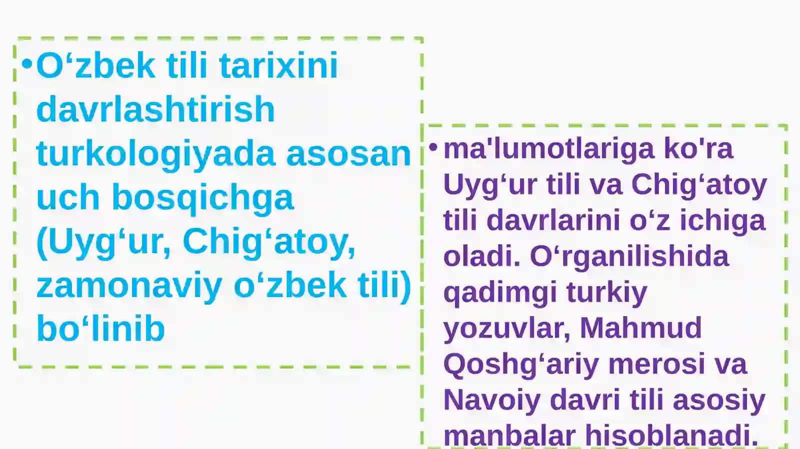 O‘zbek tili tarixini davrlashtirishga oid turkologiyadagi qarashlar. O‘zbek tilining o‘rganilishi. 4