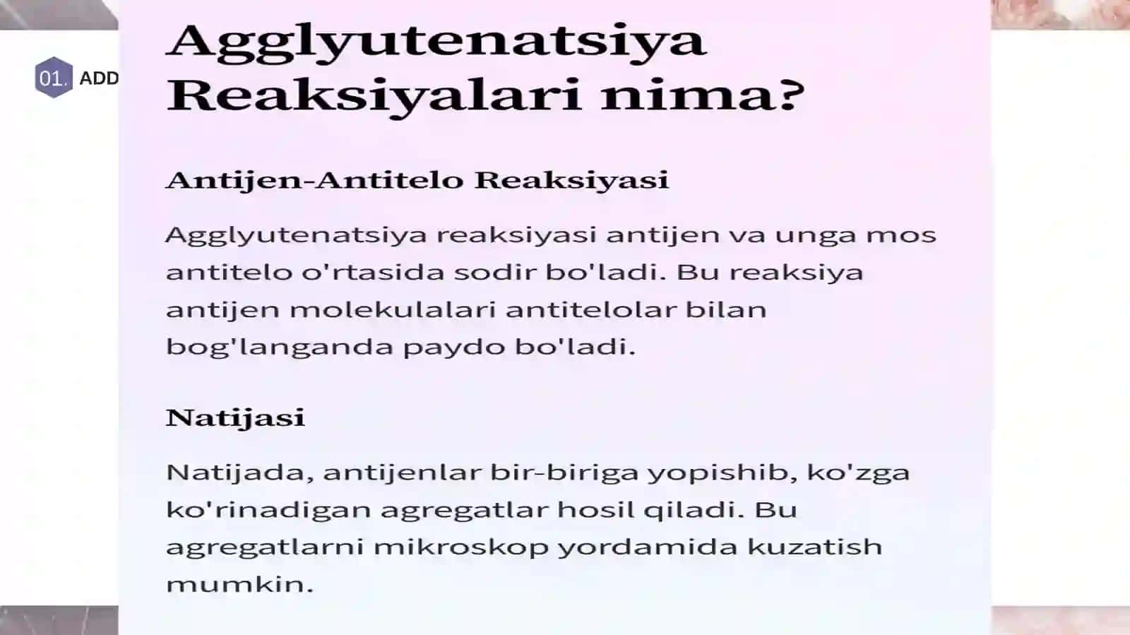 Serologik reaksiyalar: agglyutenatsiya reaksiyalar KBR, gemmagglyutinatsiya presiptatsiya reaksiyalar, immunoflyuoristensiya, bakterioliz reaksiyasi 4