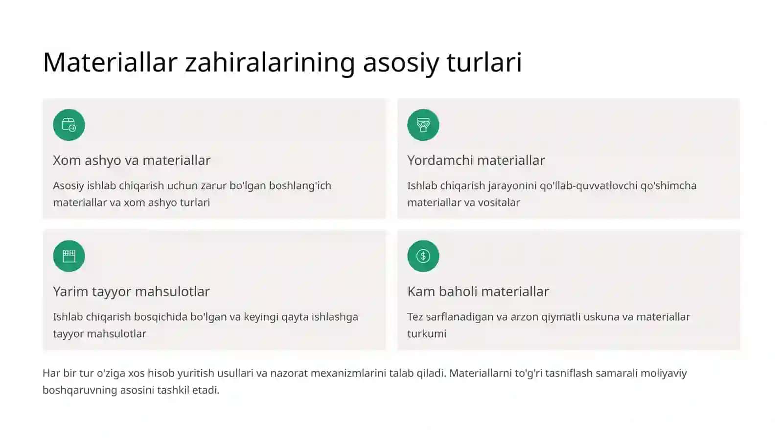Materiallar zahiralarini turkumlash va hisobning vazifalari 4