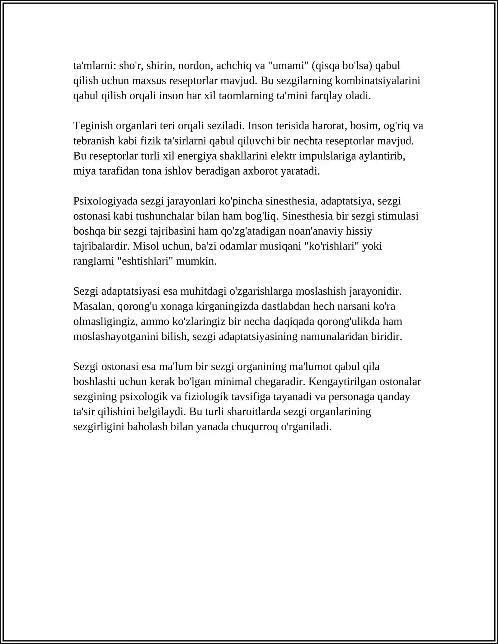 SEZGI VA IDROKNING PSIXOLOGIK MOHIYATI, FIZIOLOGIYASI 4