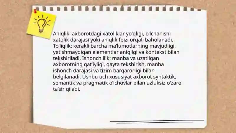 Axborot uzatish muhiti xususiyati. Axborotning asosiy tavsifi, axborotning sintaktik, semantic, va pragmatik oʻlchovlari 4