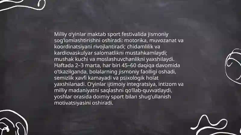 Milliy oʻyinlarning maktab sport festivallaridagi oʻrni 4