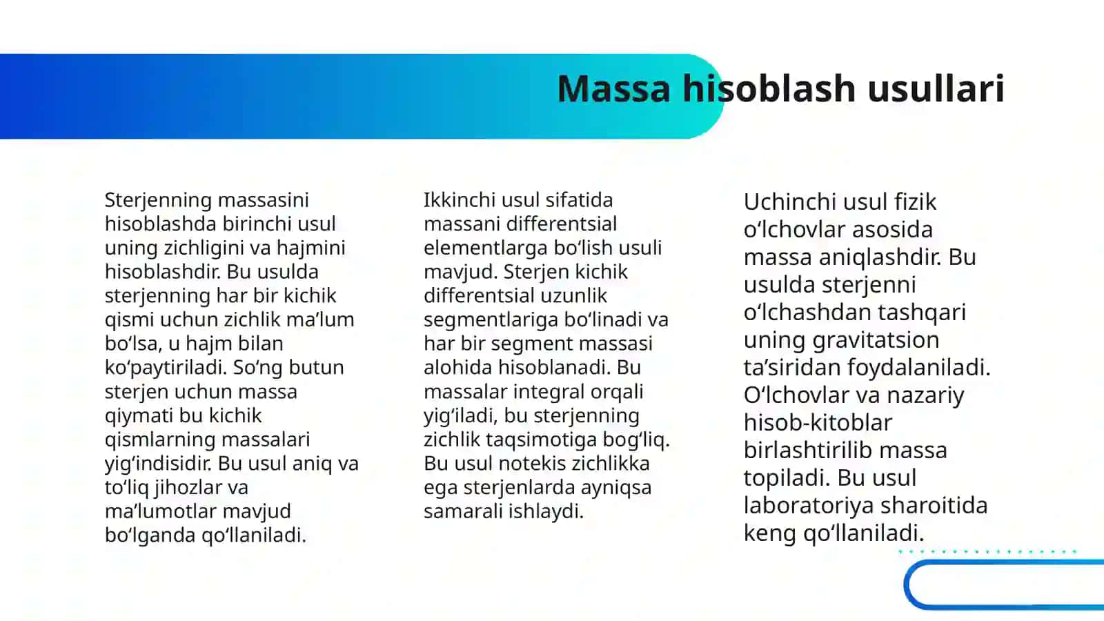 BIR JINSLI BOʻLMAGAN STERJENNING MASSASI VA OGʻIRLIK MARKAZI 4
