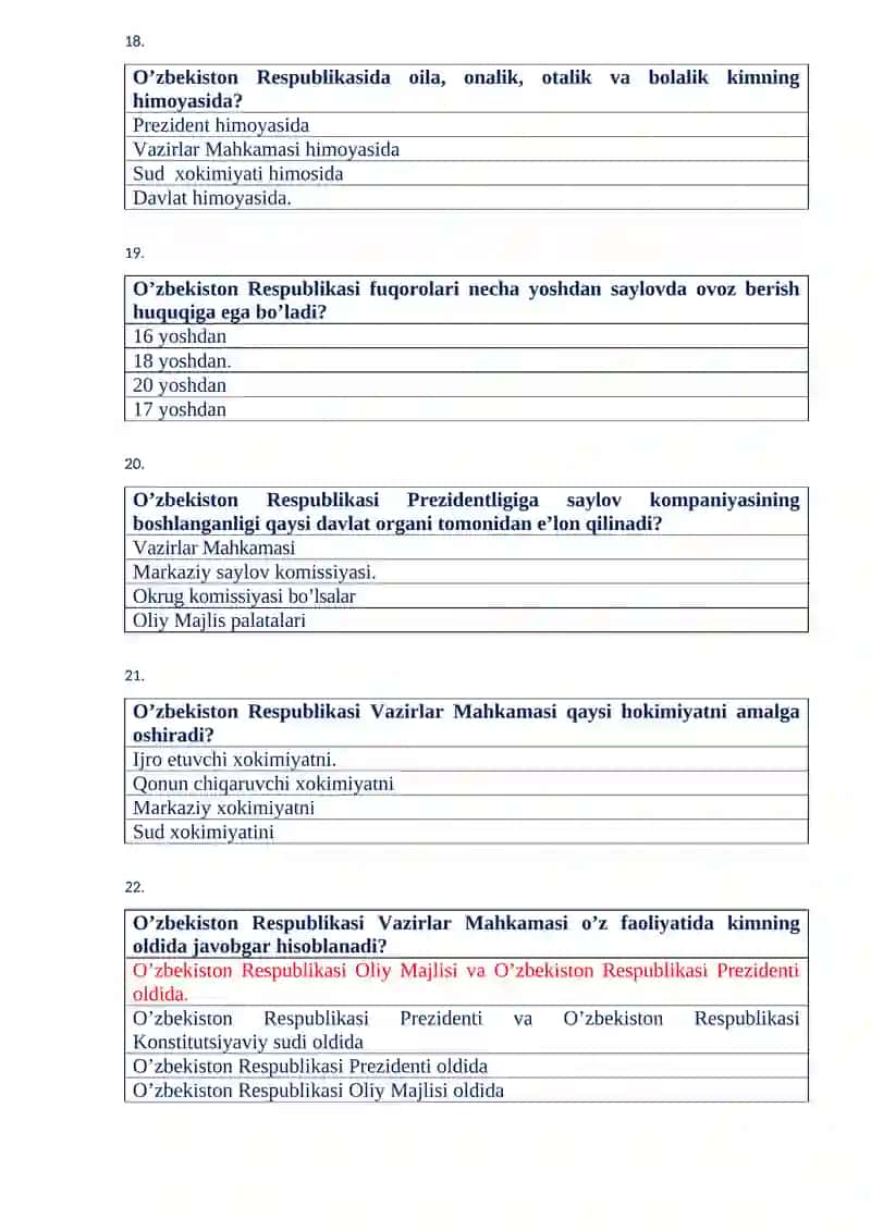 O‘zbekiston Respublikasining yangi tahrirdagi Konstitutsiyasini o‘rganish bo‘yicha tayyorlangan test savollari 4