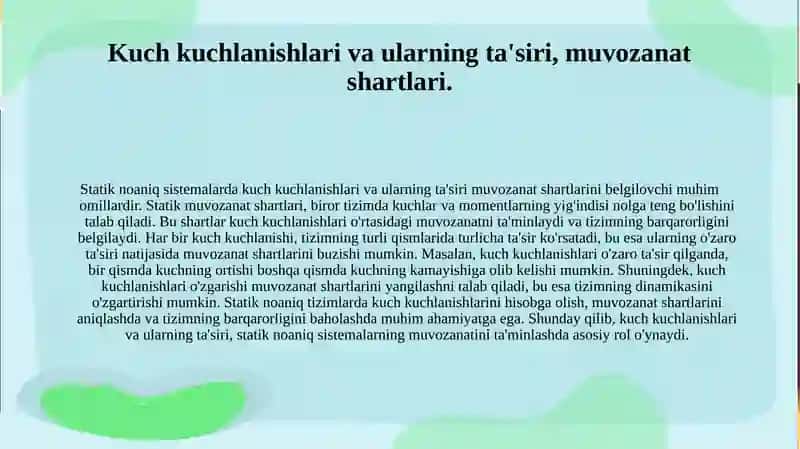 Statik noaniq sistemalar. Kuch ushli. Ularning xususiyati 4