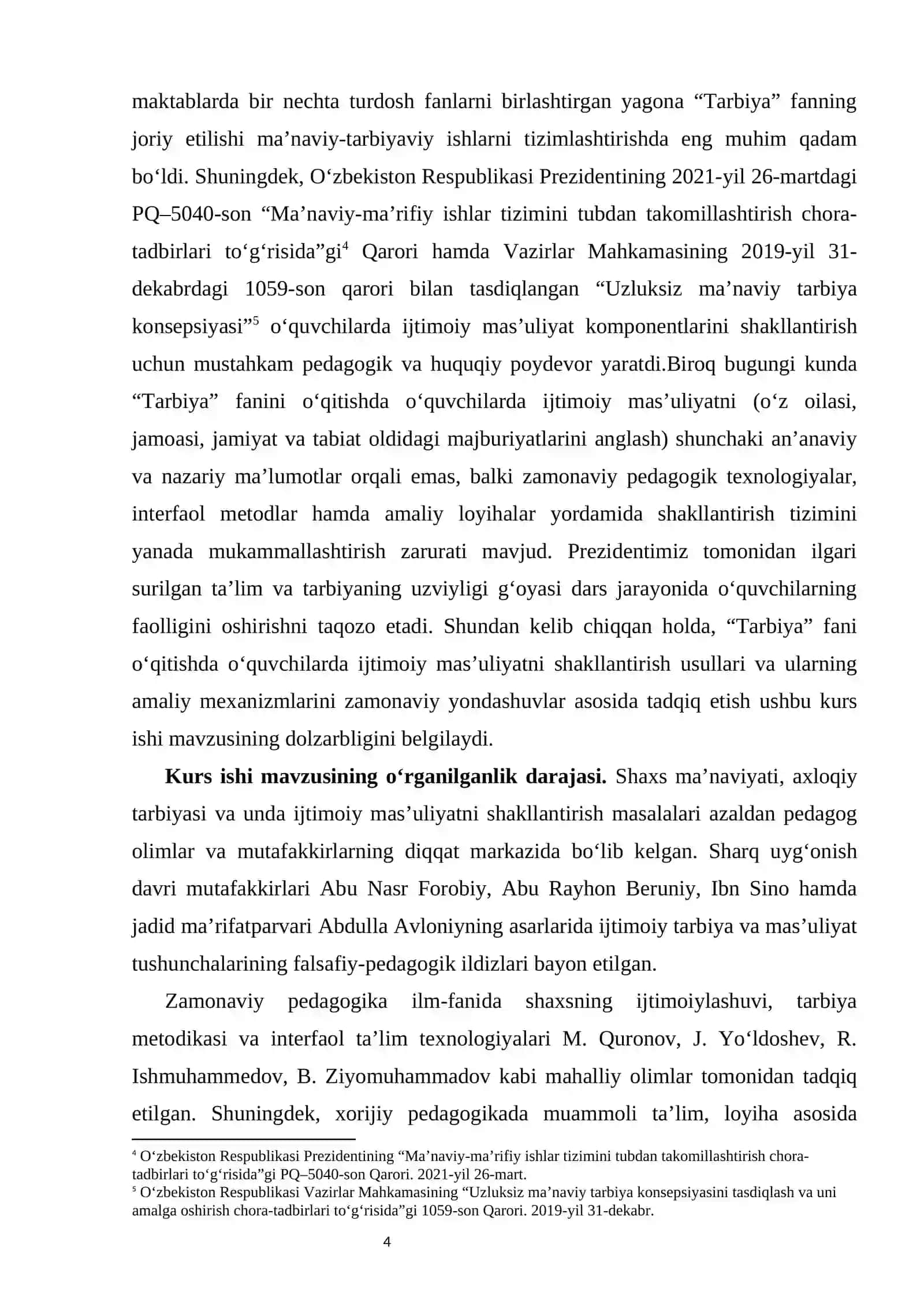 Tarbiya fani o‘qitishda o‘quvchilarda ijtimoiy mas’uliyatni shakllantirish usullari kurs ishi 4