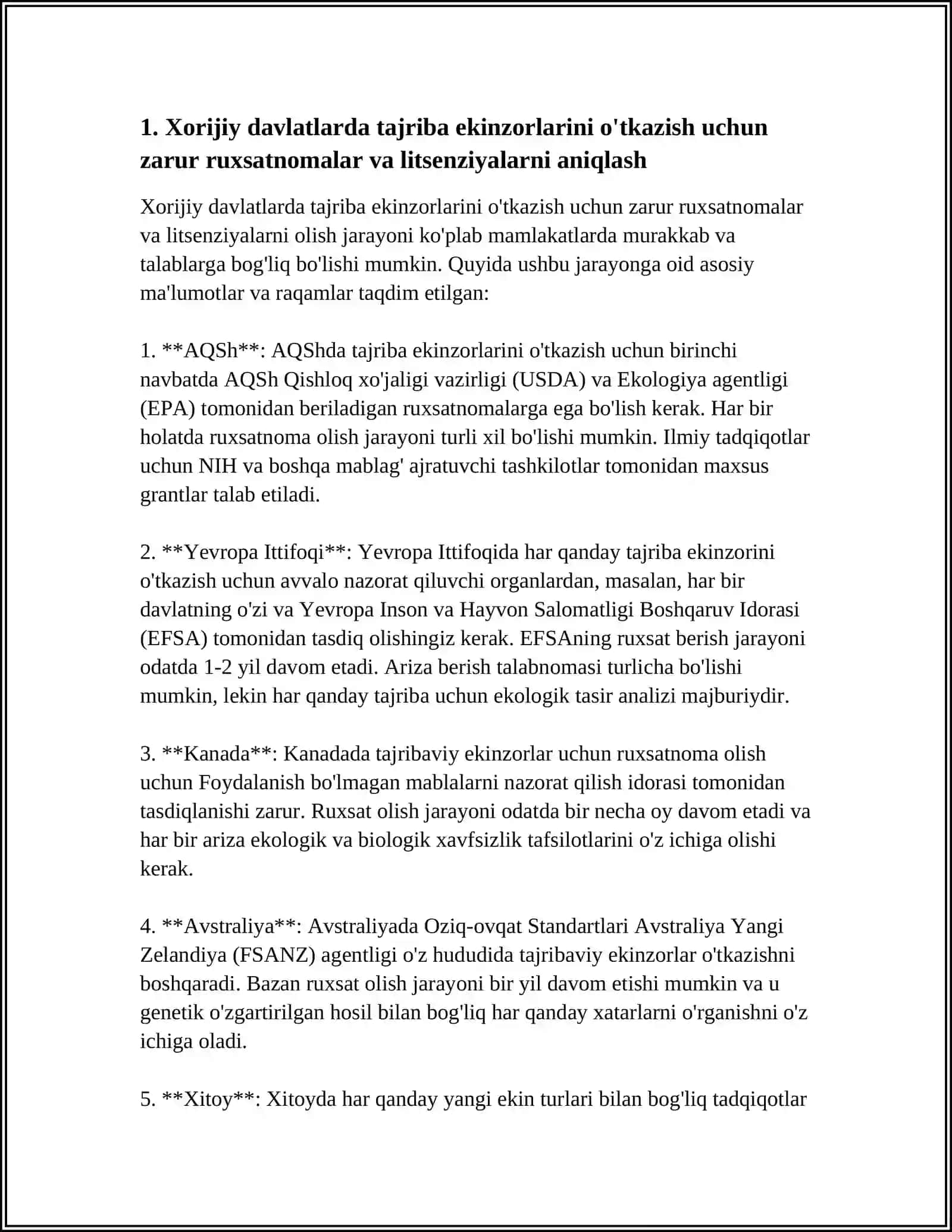 XORIJIY DAVLATLARDA TAJRIBA EKINZORLARINI TASHKIL ETISHNI TUSHUNTIRIB BERING 4