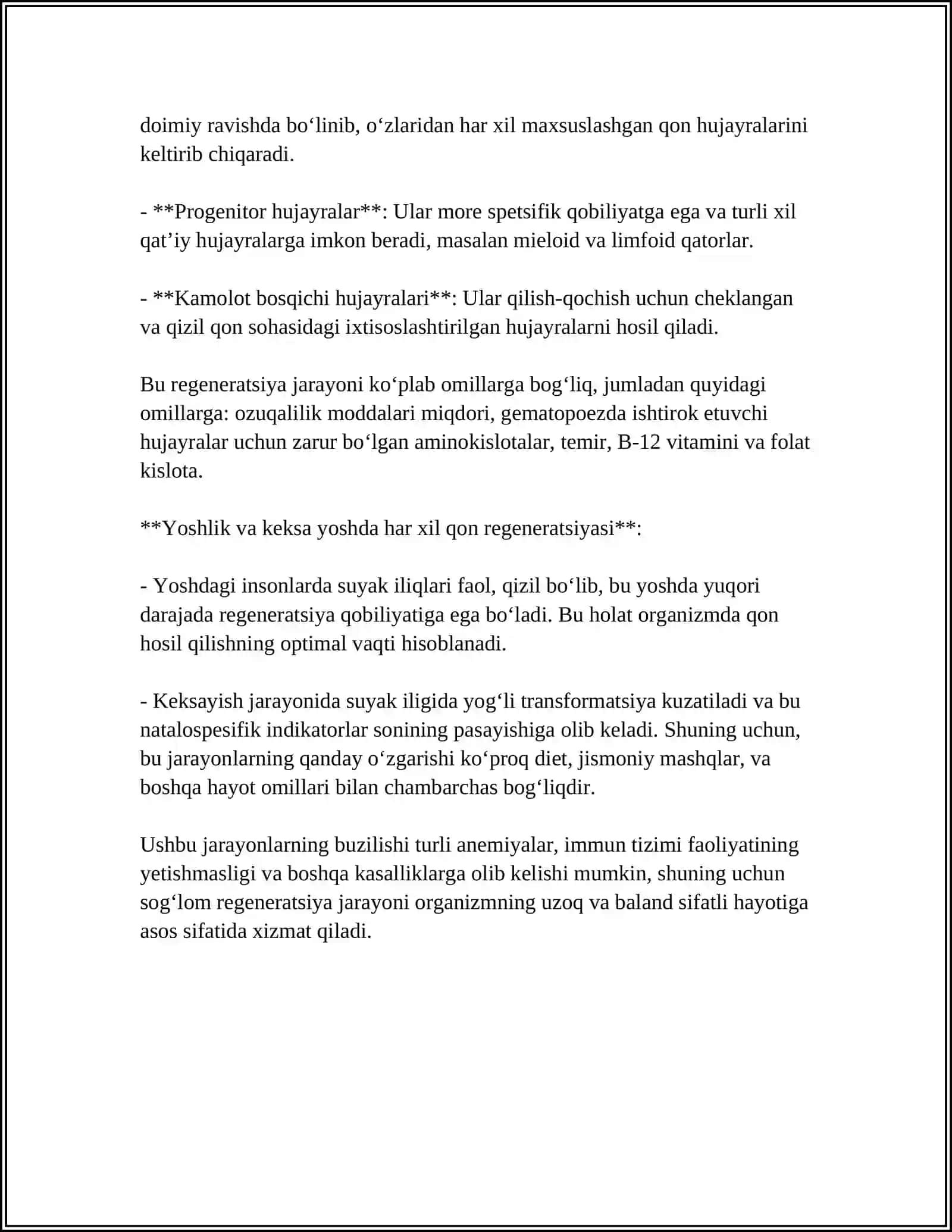 QON HUJAYRALARI FIZIOLOGIK VA REPERATIV REGENERATSIYASI MEXANIZMLARI. QON SHAKLLI ELEMENTLARINING OZARO TASIRIDA GUMORAL OMILNING ROLI 4
