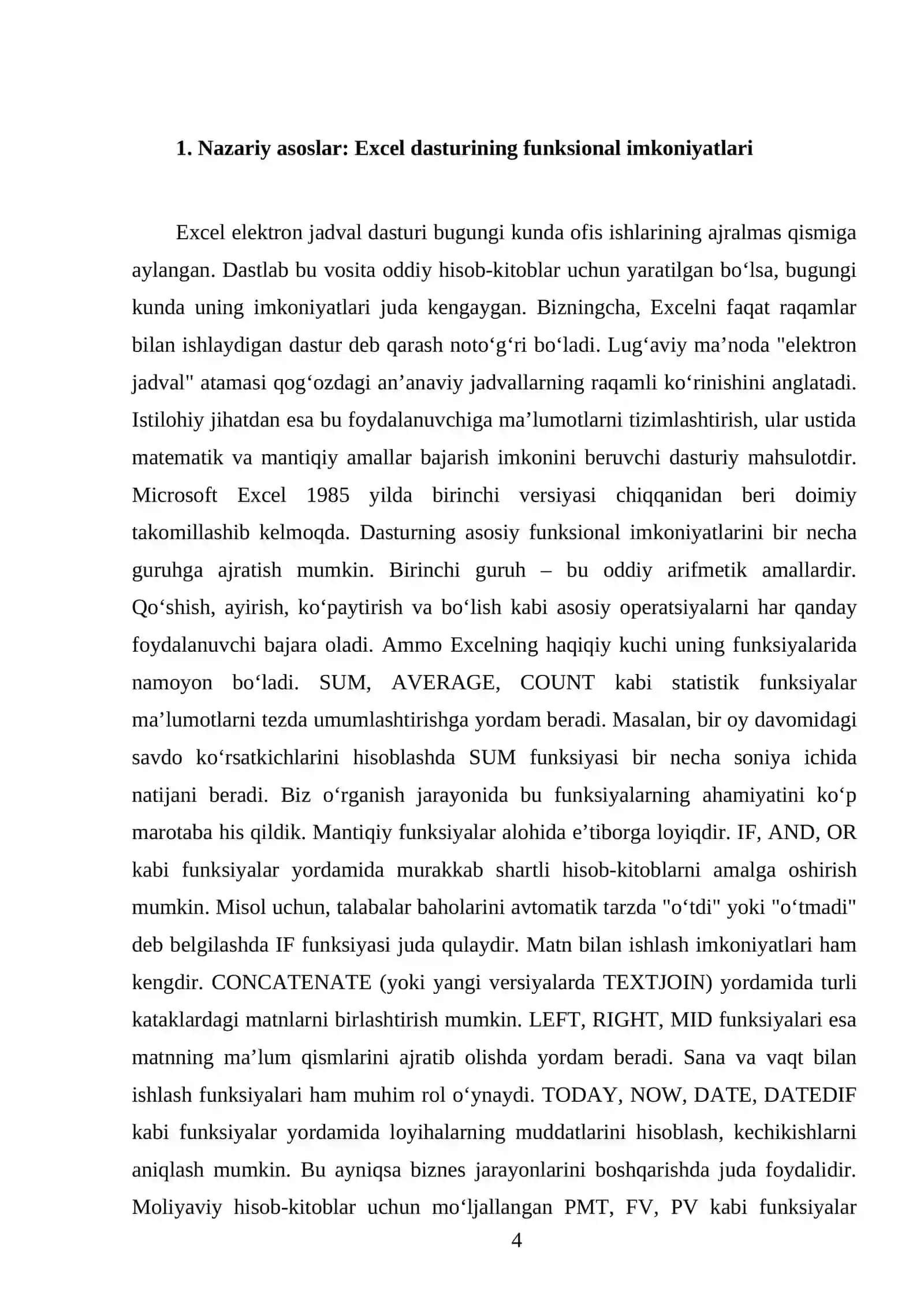 Excel elektron jadval dasturi yordamida amaliy masalalarni yechish 4
