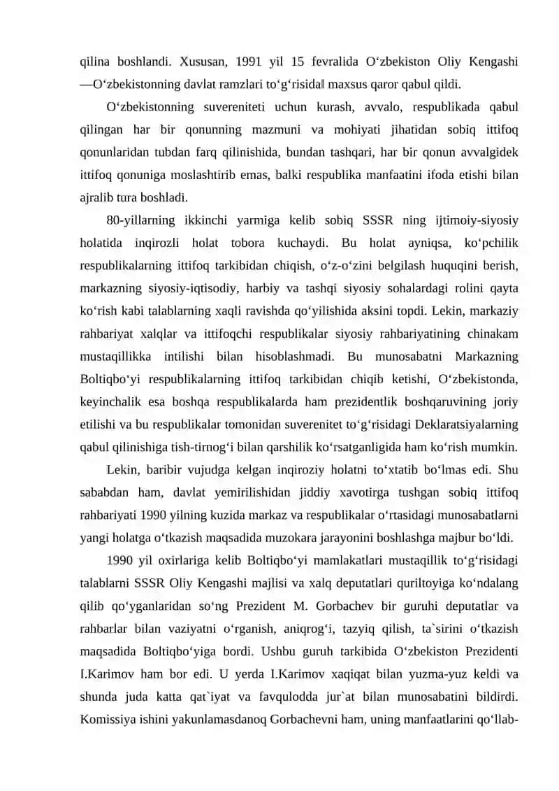O‘zbekistonning davlat mustaqilligining e`lon qilinishi va uning tarixiy ahamiyati 4
