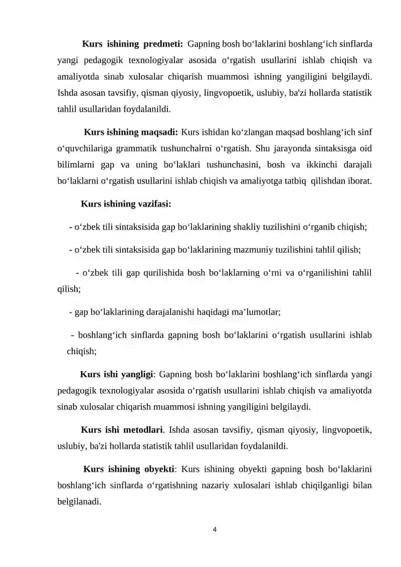 4- sinf ona tili darslarida gapning bosh bo`laklarini o’rganish tizimi 4