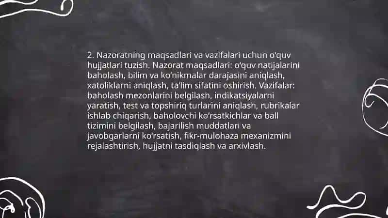Nazorat turlari va usullari boʻyicha oʻquv hujjatlarini tuzish 4