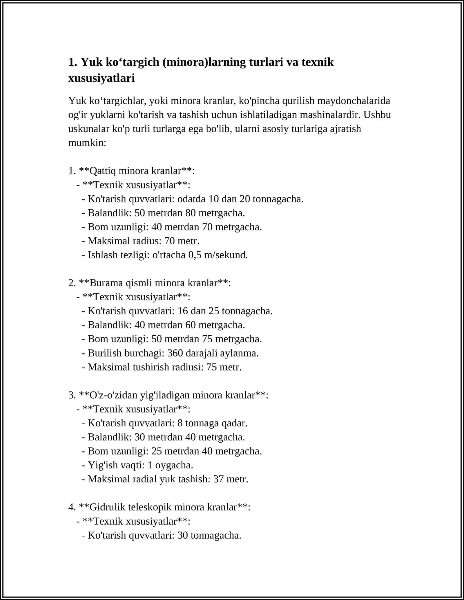 Yuk ko‘targich (minora)larning turatlari va texnik xususiyatlari 4