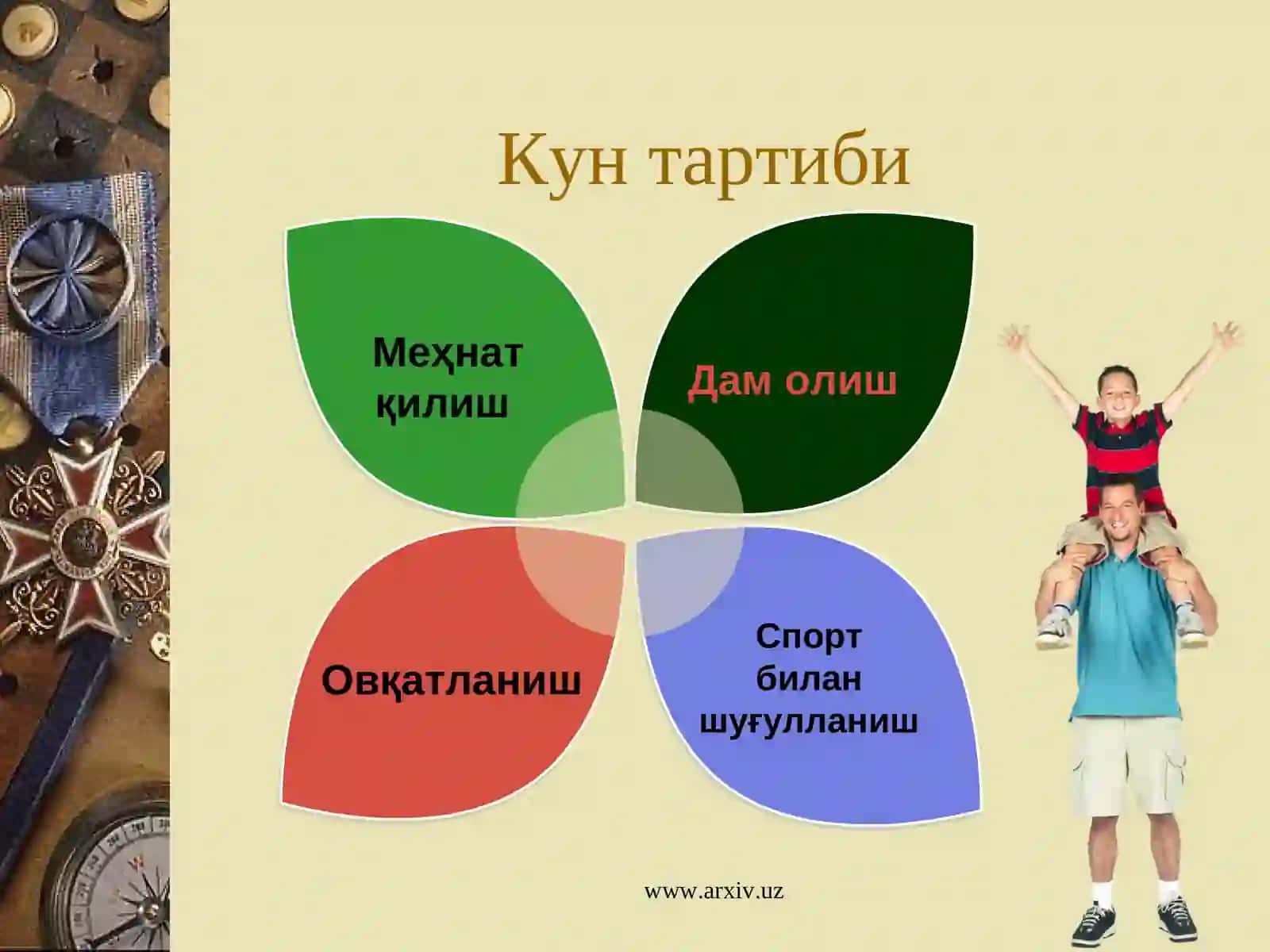 Саломатлик тамойиллари. Саломатликка таьсир этувчи омиллар хакида 4