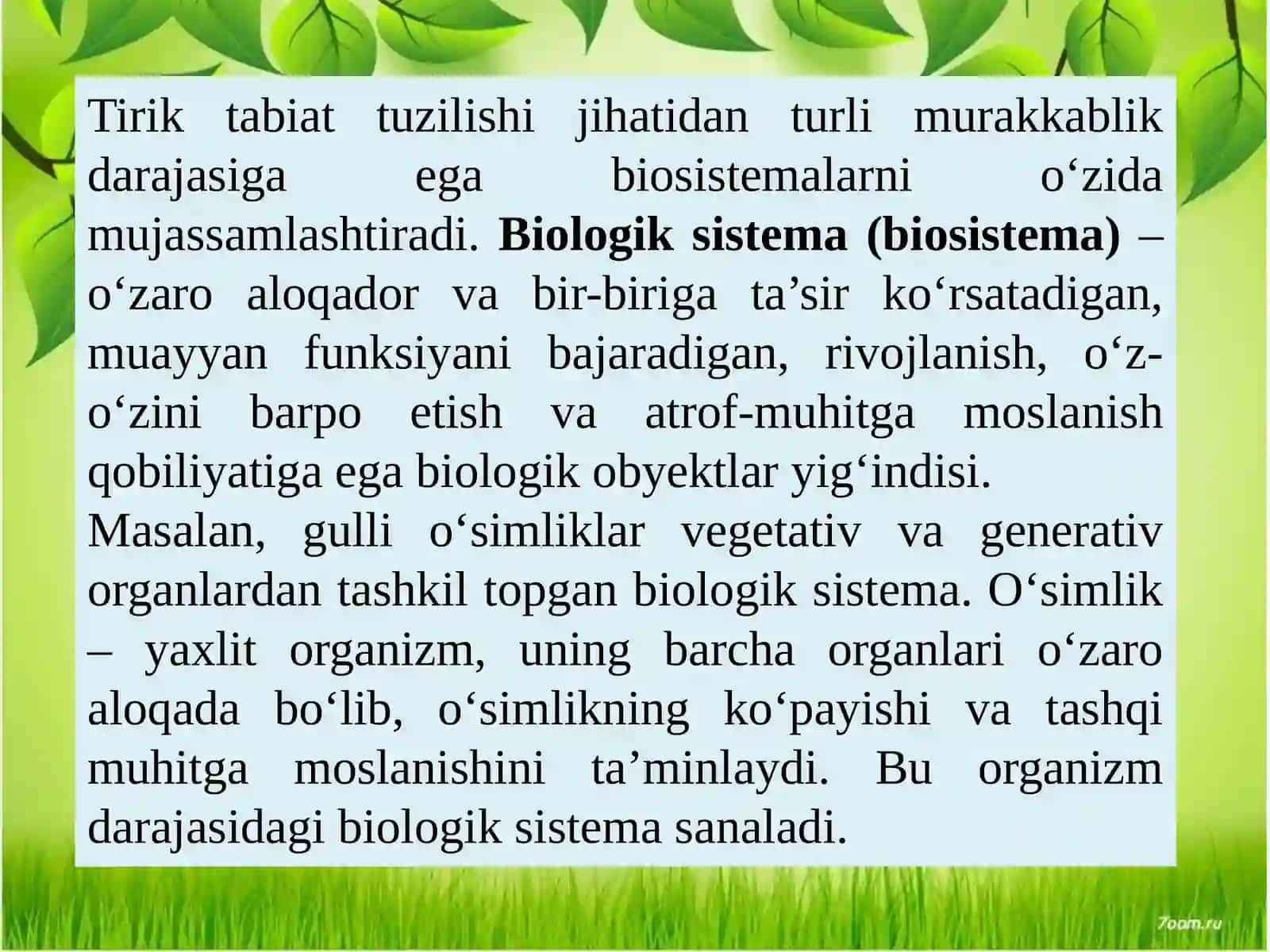 HAYOTNING ORGANIZM DARAJASI VA UNING O‘ZIGA XOS JIHATLARI. TIRIK ORGANIZMLARNING OZIQLANISHIGA KO‘RA TURLARI 4
