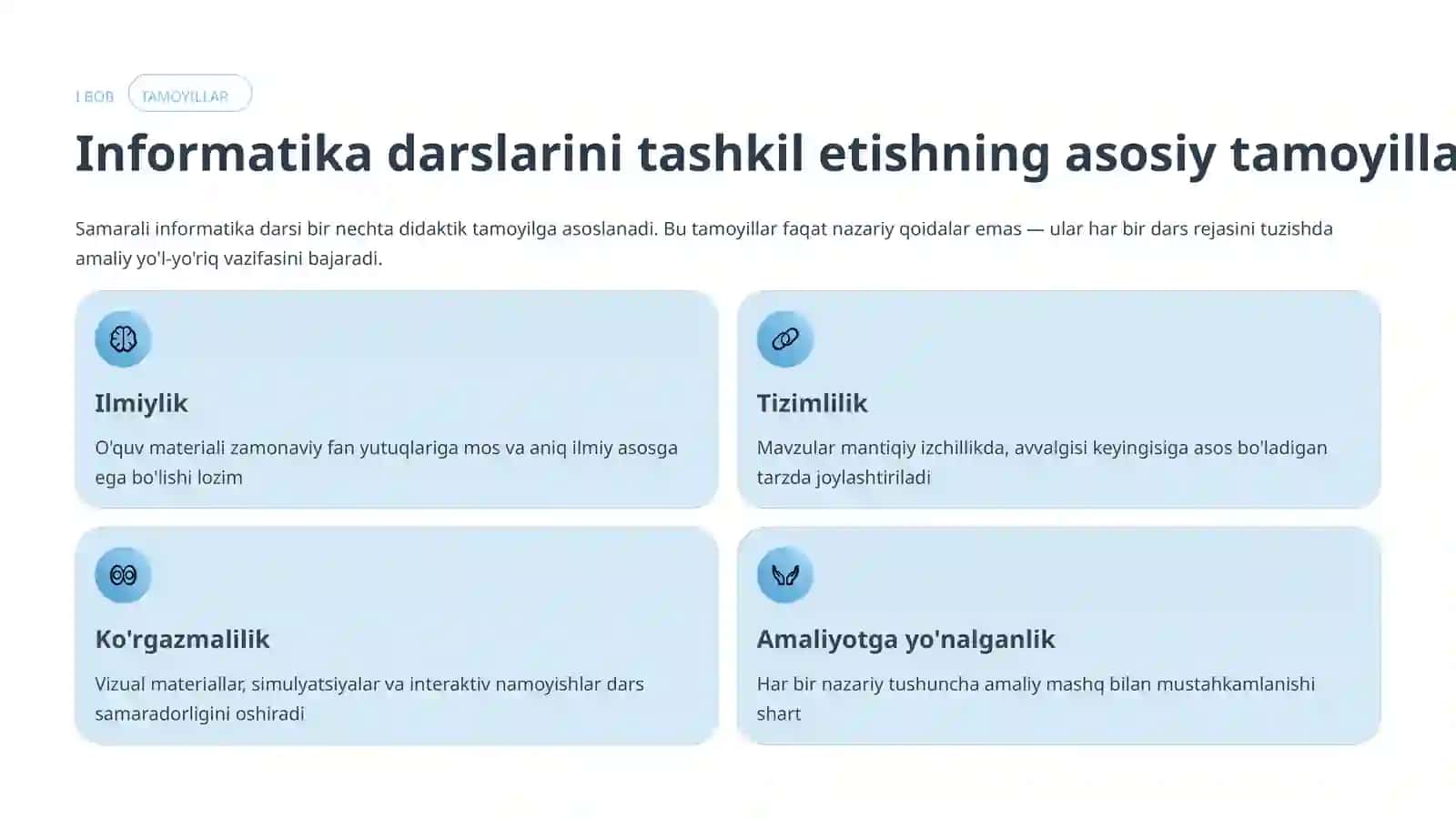 Informatika va Axborot Texnologiyalari Fanidan O'quv Mashg'ulotlarini Tashkil Etish va O'tkazish Metodikasi 4