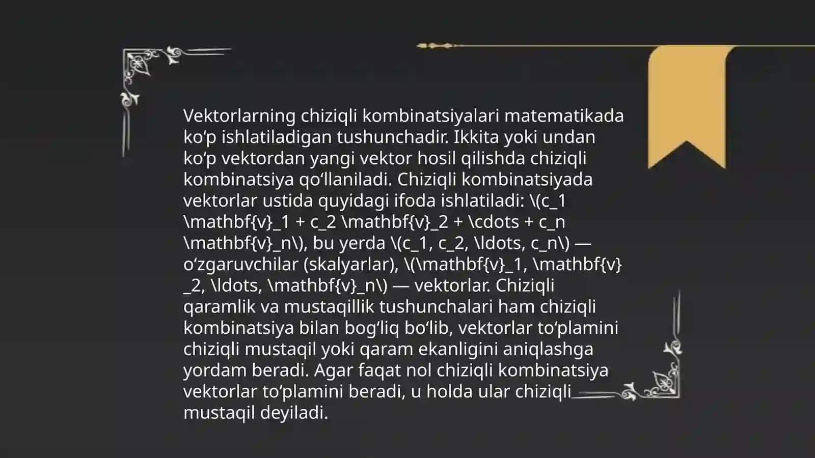 Chiziqli bog'liqlik. Vektor fazoning bazesi 4