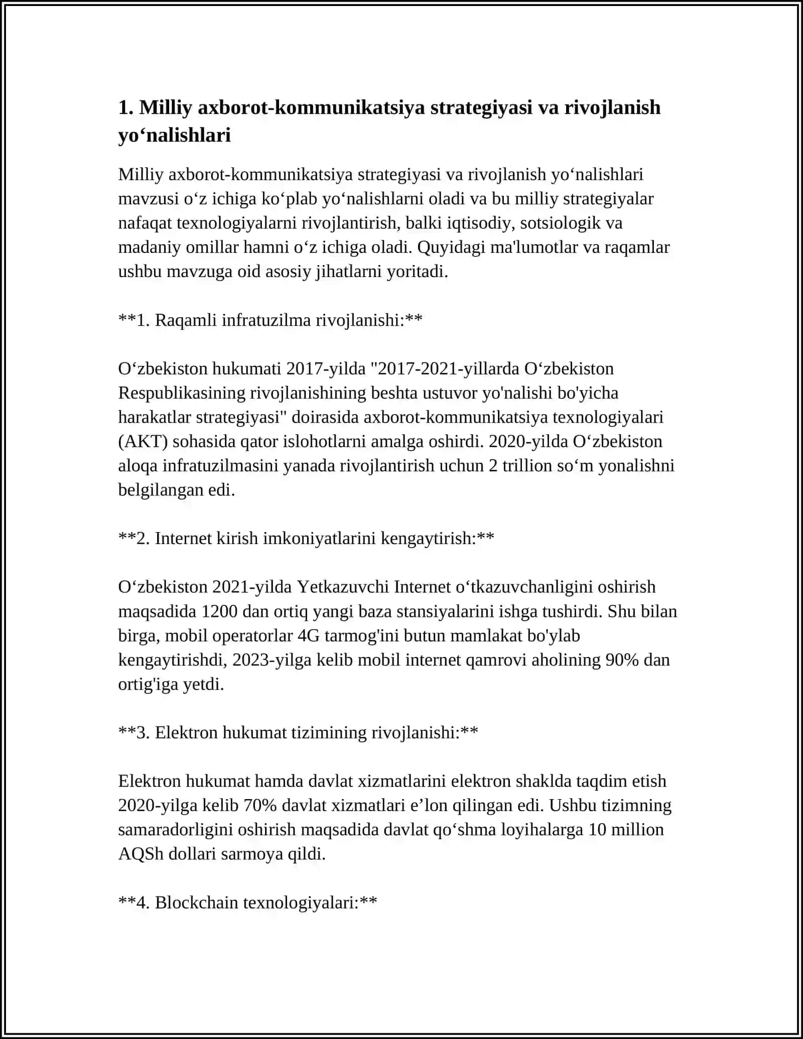 O'ZBEKISTONDA AXBOROT KOMMUNIKATSIYA SOHASINI RIVOJLANTIRISHDAGI ASOSIY YO'NALISHLARI REFERATI 4
