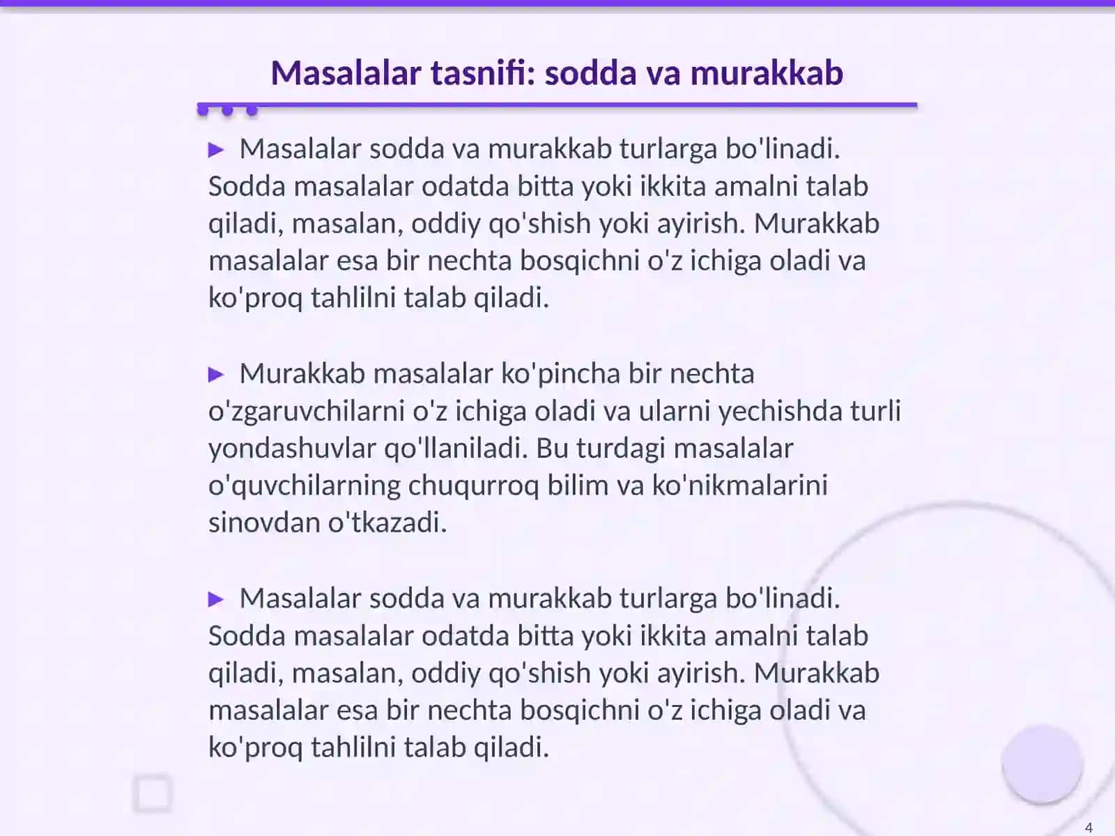 Sodda va murakkab masalalar. Masala tuzish va uni yechish 4