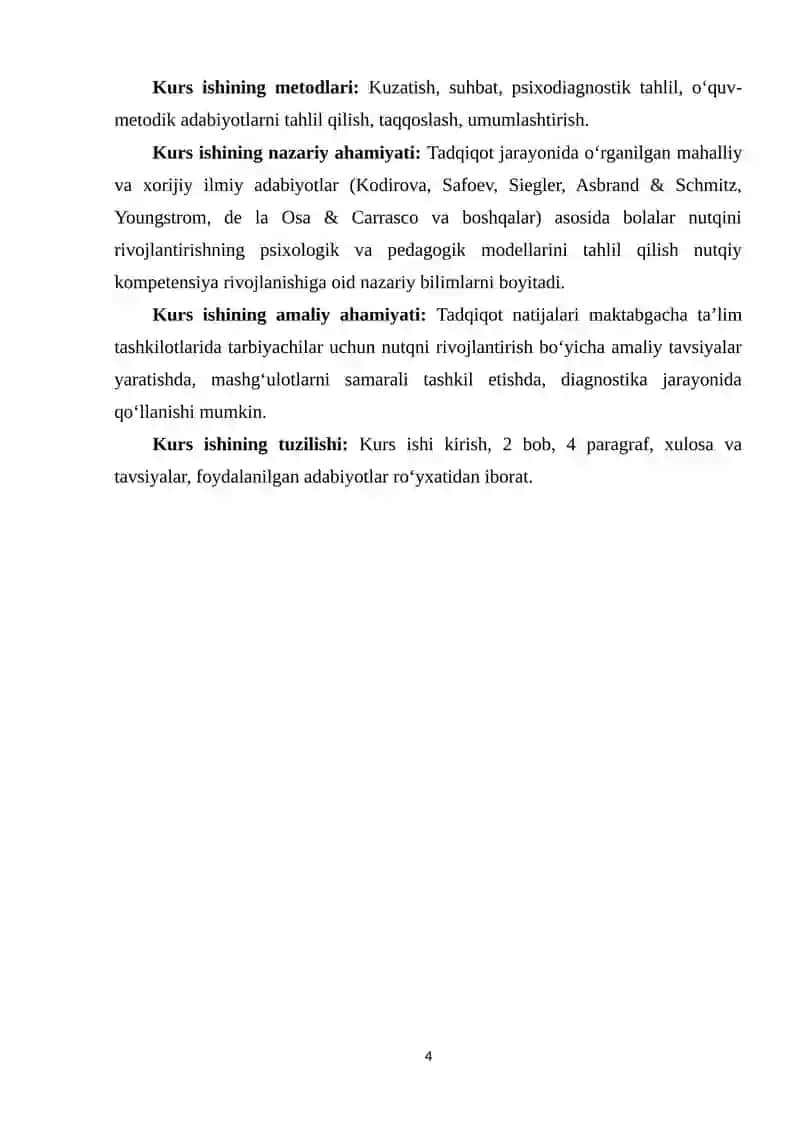 BOGʻCHA YOSHIDAGI BOLALAR NUTQINING KOMMUNIKATIV VOSITA SIFATIDAGI RIVOJLANISHI KURS ISHI 4