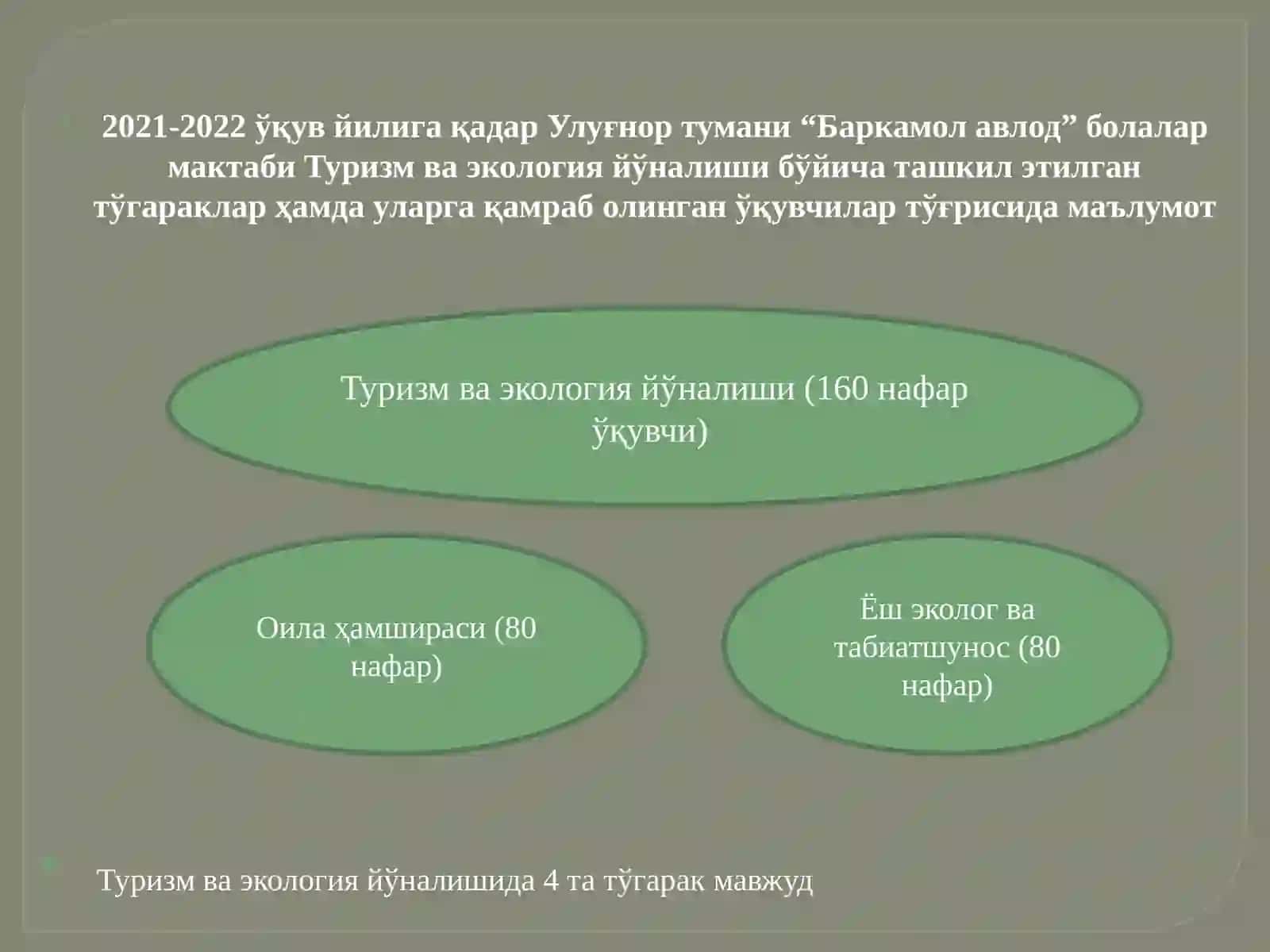 Маданият ва санъат, Ҳунармандчилик ва қўл меҳнати йўналиши бўйича ташкил этилган тўгараклар ҳамда уларга қамраб олинган ўқувчилар тўғрисида маълумот 4