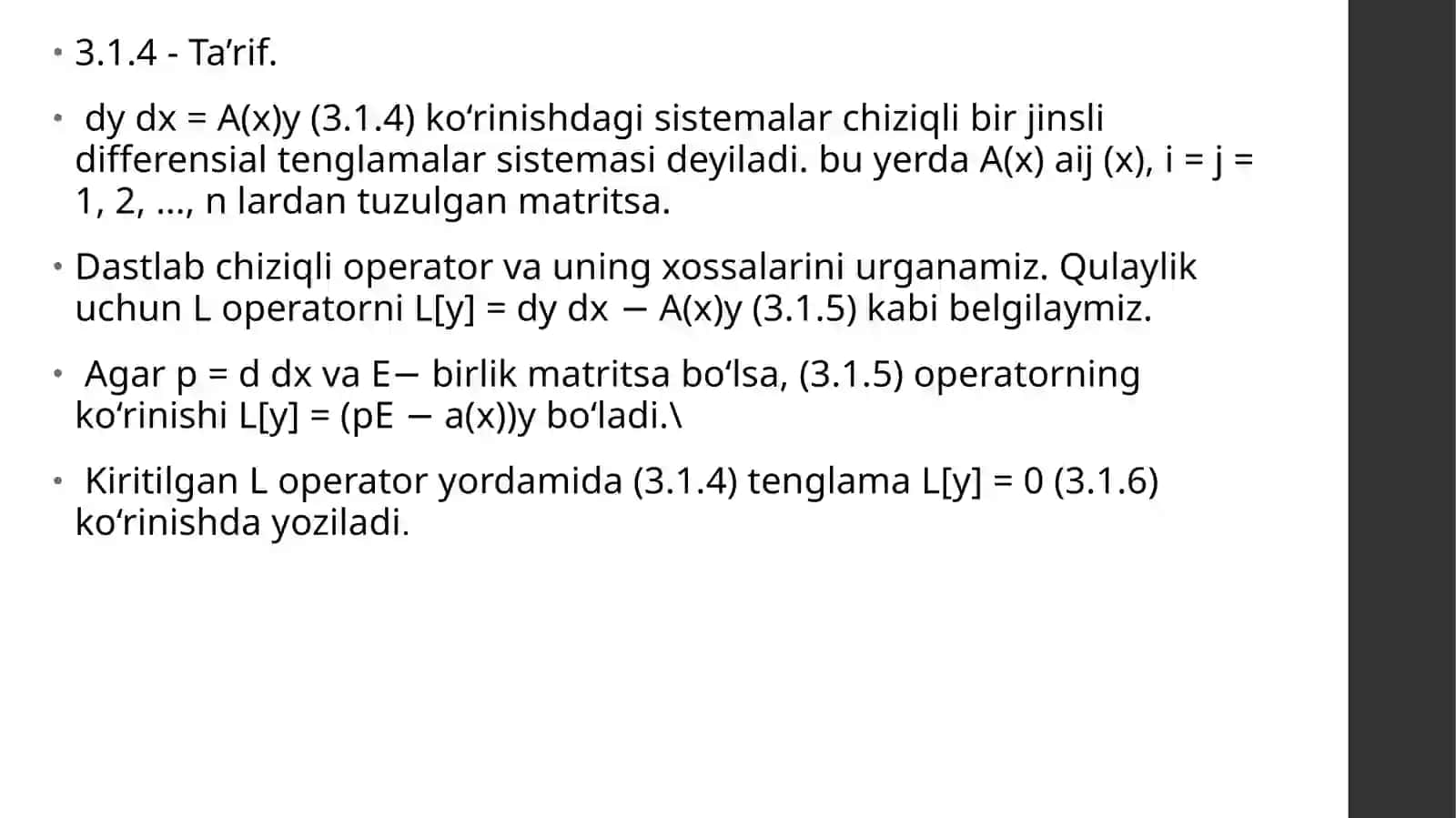 O‘zgarmas koeffitsiyentli chiziqli differensialtenglamalar sistemasi 4
