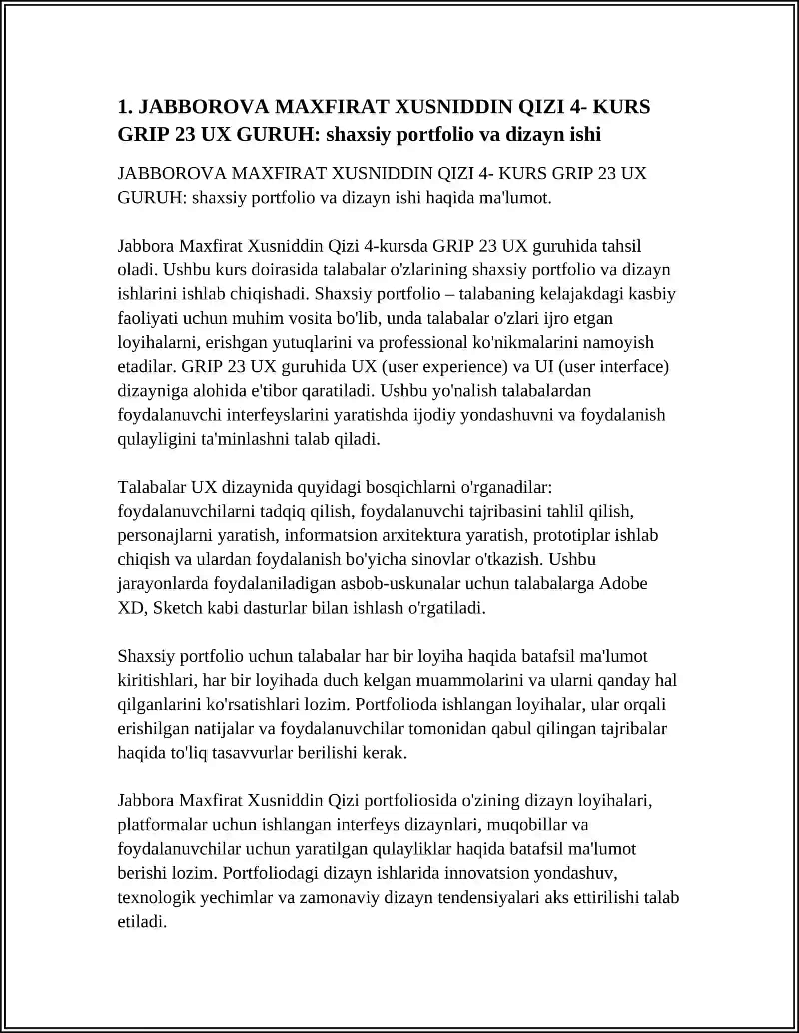 JABBOROVA MAXFIRAT XUSNIDDIN QIZI 4- KURS GRIP 23 UX GURUH 4
