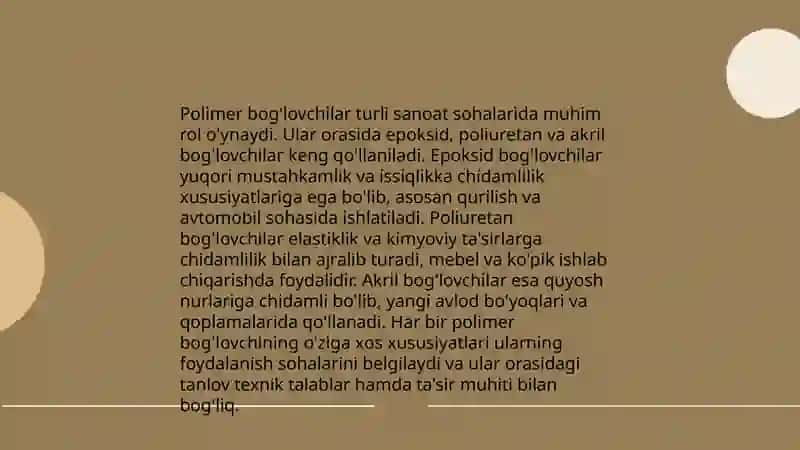 Polimer bog'lovchilar asosida yarim tayyor mahsulotlarni ishlab chiqarish texnologiyasi 4