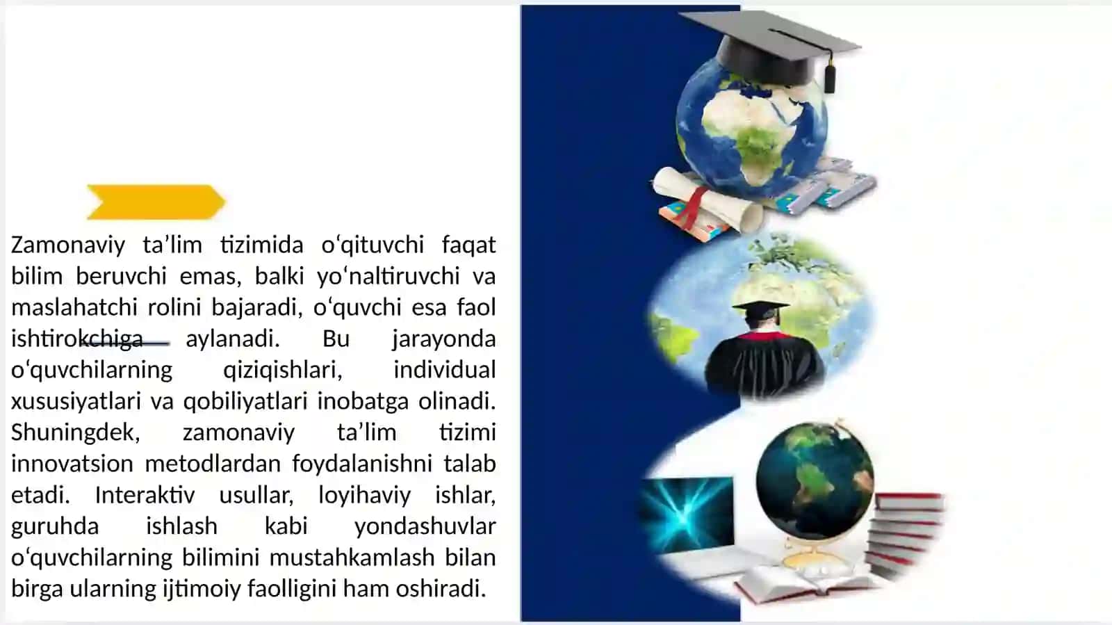 Zamonaviy ta'lim tizimi: Innovatsion metodologiya va texnologiyalar    "Modern Educational System: Professional Pitch Deck". 4