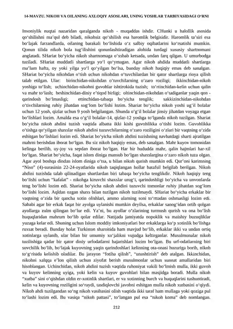 NIKOH VA OILANING AXLOQIY ASOSLARI, UNING YOSHLAR TARBIYASIDAGI O‘RNI 4