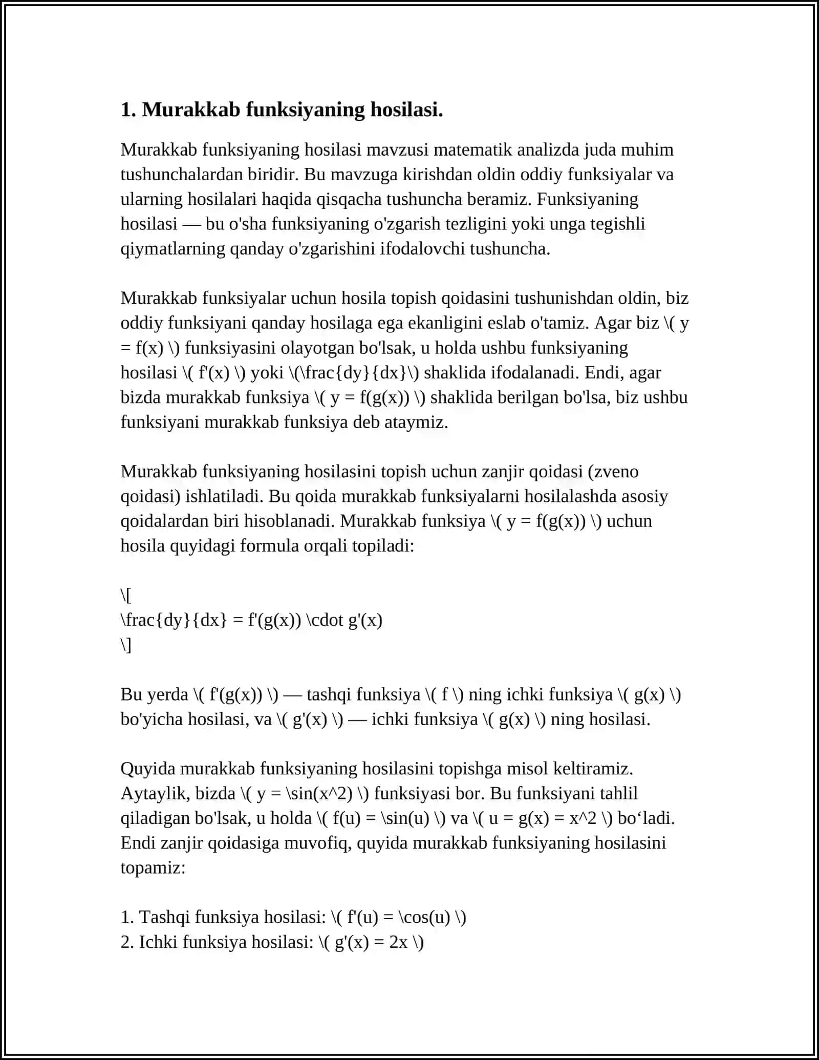 MURAKKAB FUNKSIYANING HOSILASI. OSHKORMAS VA PARAMETRIK FUNKSIYANING HOSILASI. FUNKSIYANI DIFFERENSIALLASH 4